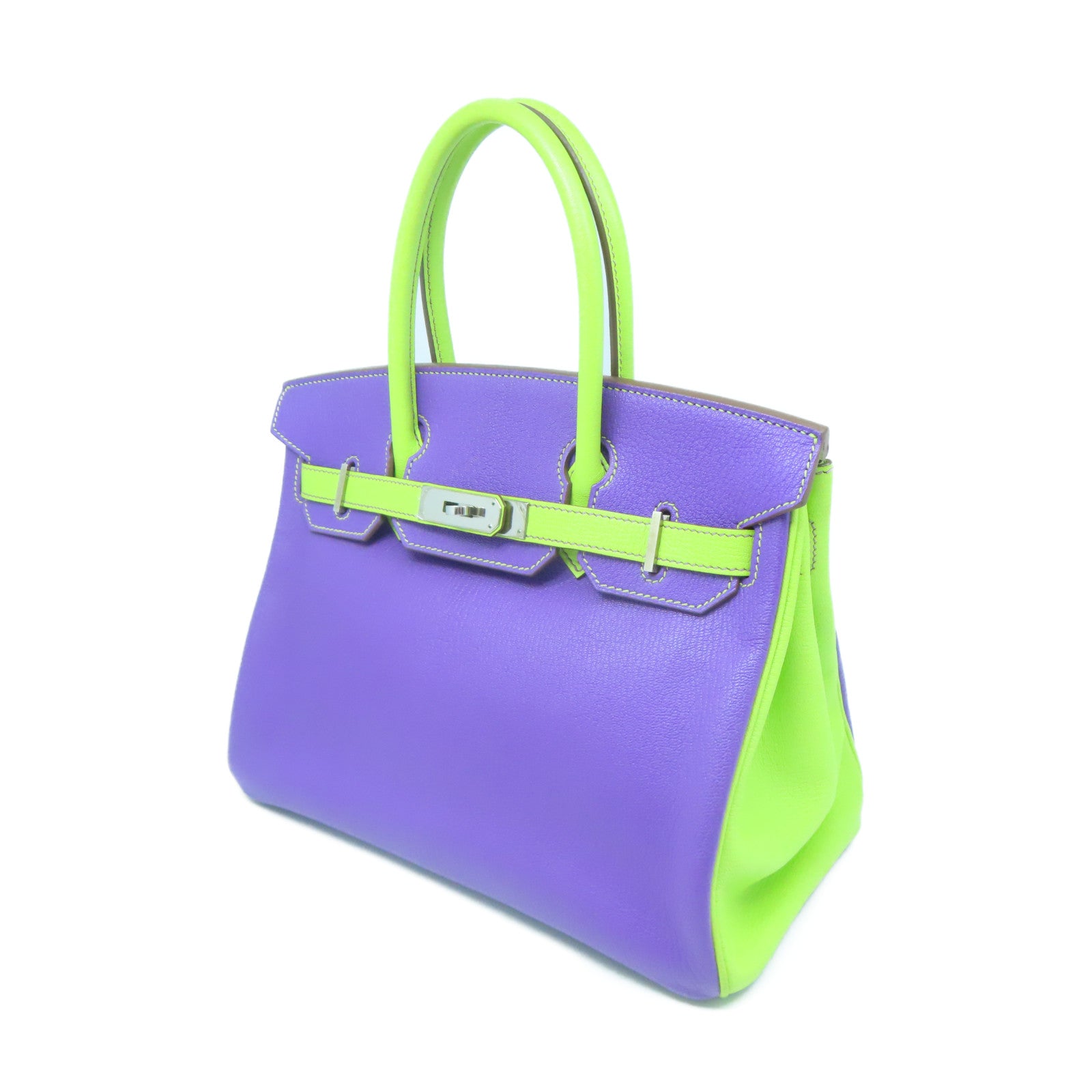 HERMES Mysore Goat Leather Birkin 30 Silver Buckle Handle Purple/Neo Green