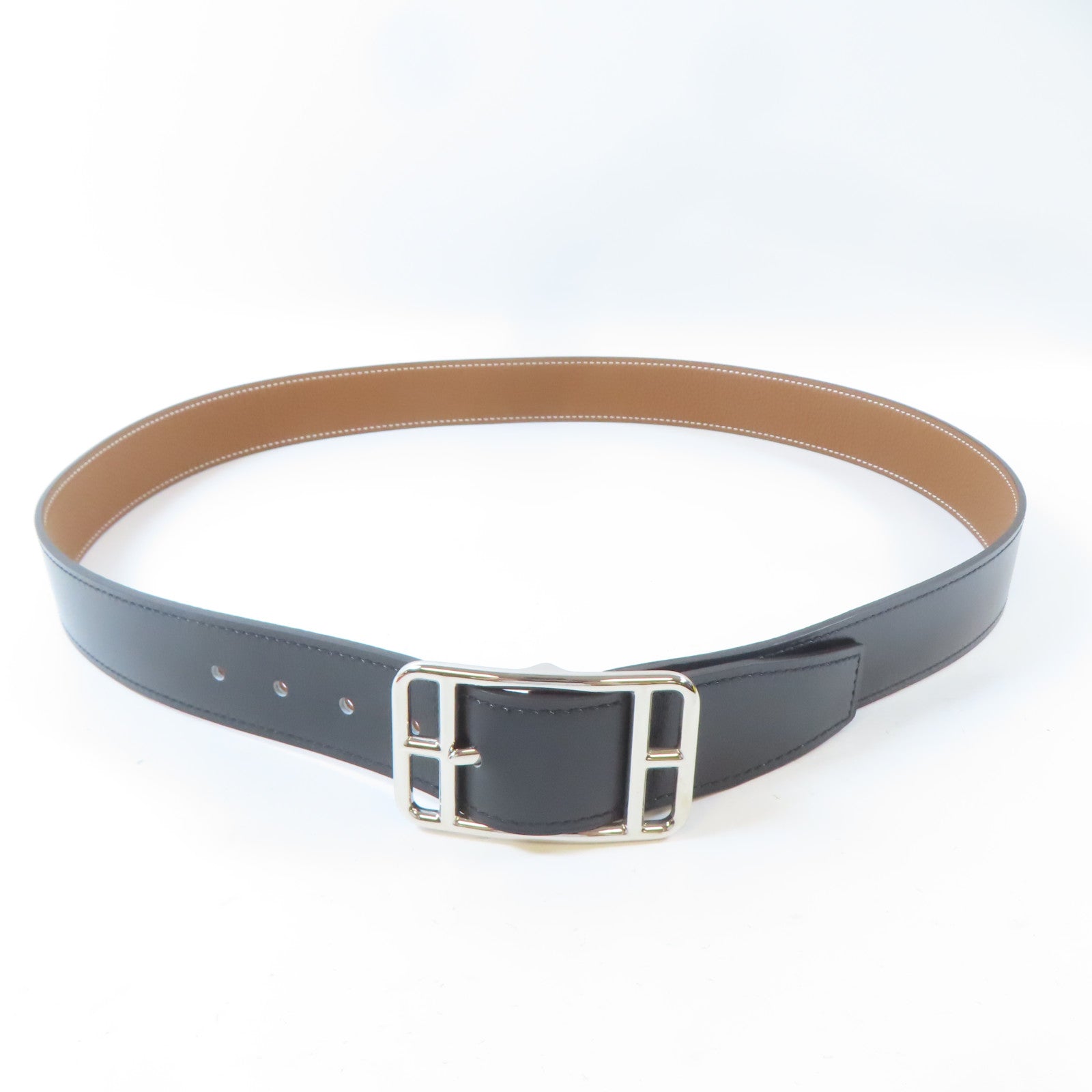 HERMES Swift皮革Cape Cod Reversible Belt 95cm銀扣皮帶Noir/黑色