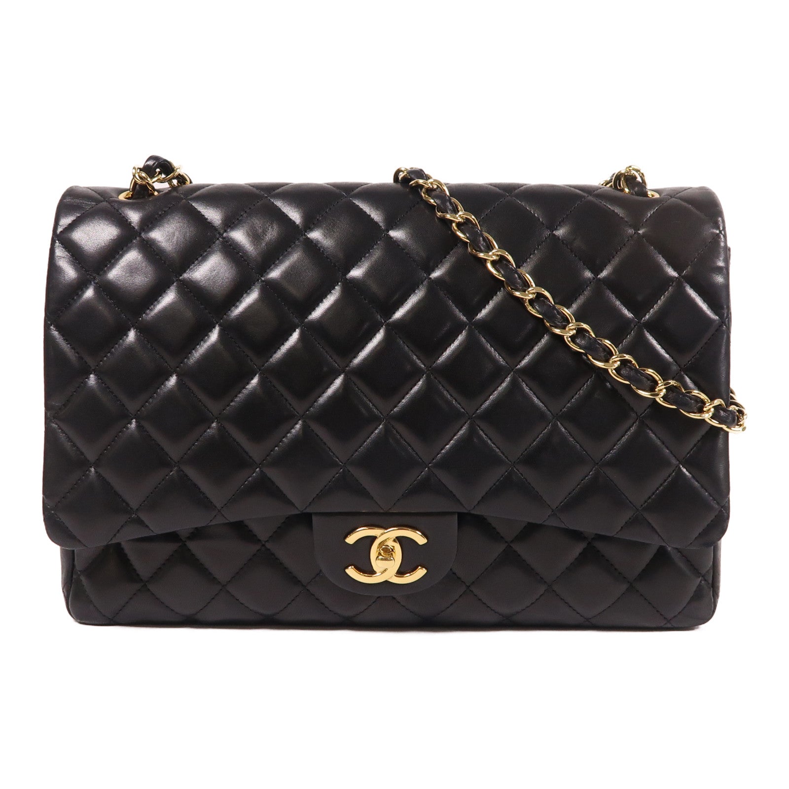 CHANEL 羊皮皮革Maxi Classic金扣鏈帶肩背袋黑色