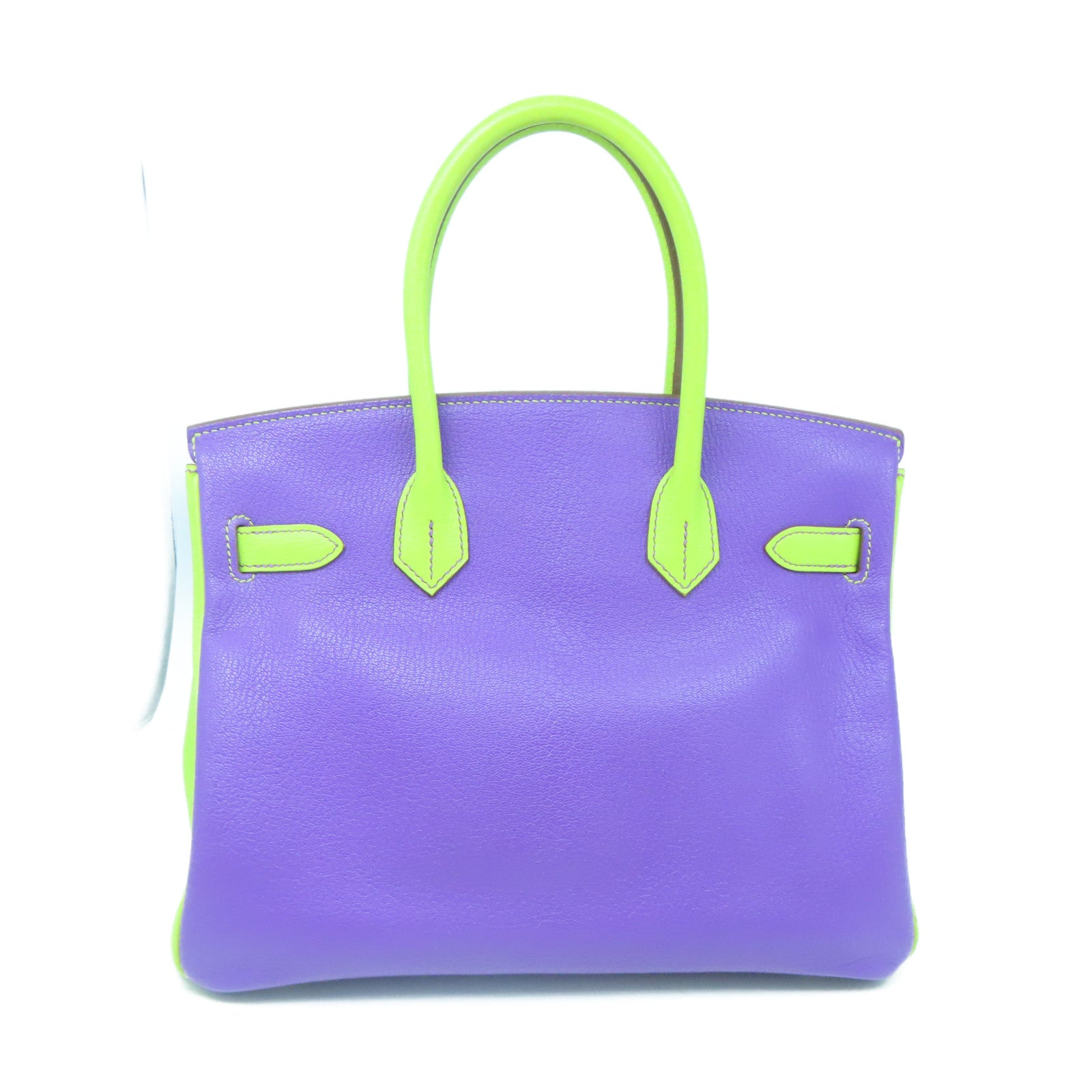HERMES Mysore Goat Leather Birkin 30 Silver Buckle Handle Purple/Neo Green