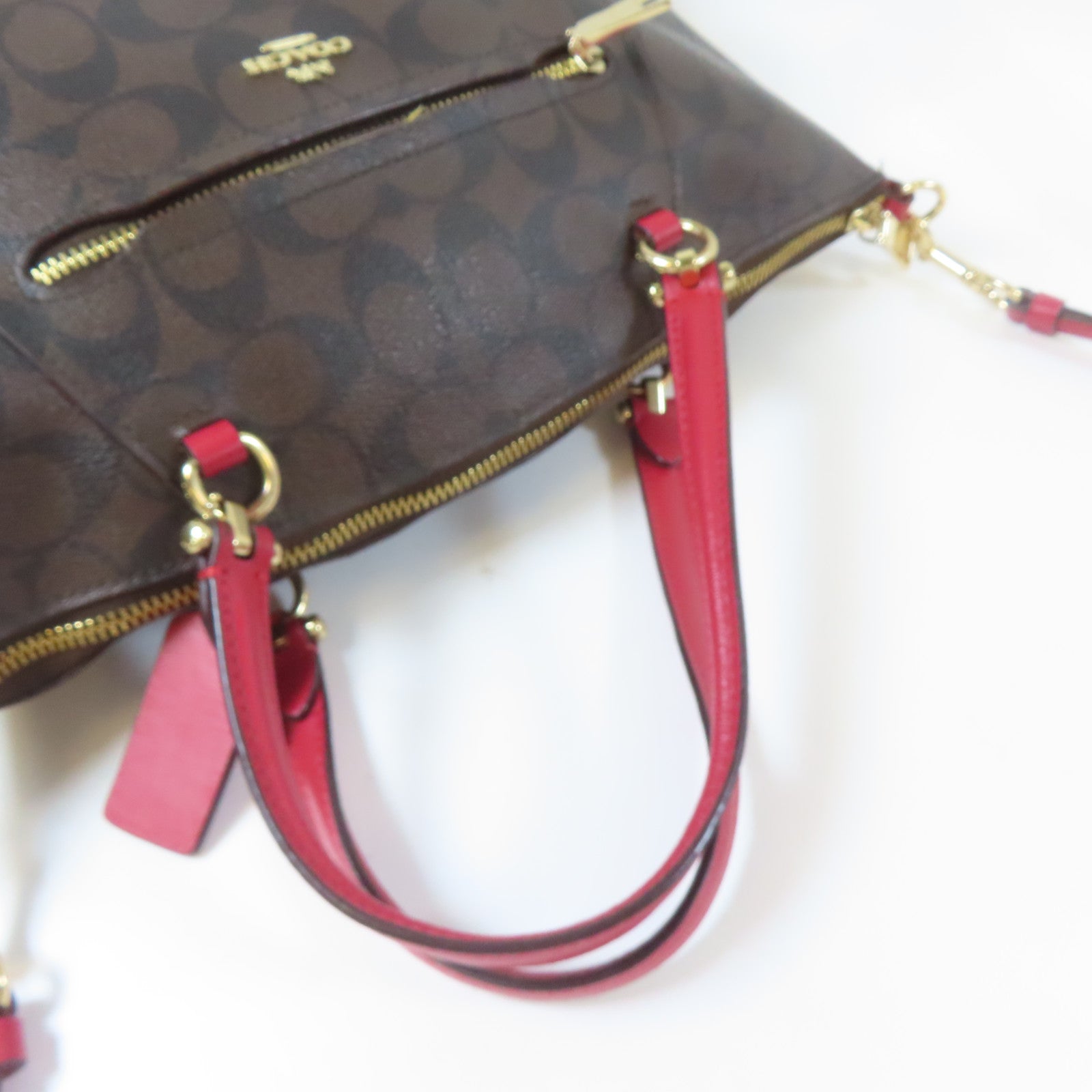 COACH 塗層帆布2 Way Shoulder金扣手挽肩背兩用袋啡色/紅色