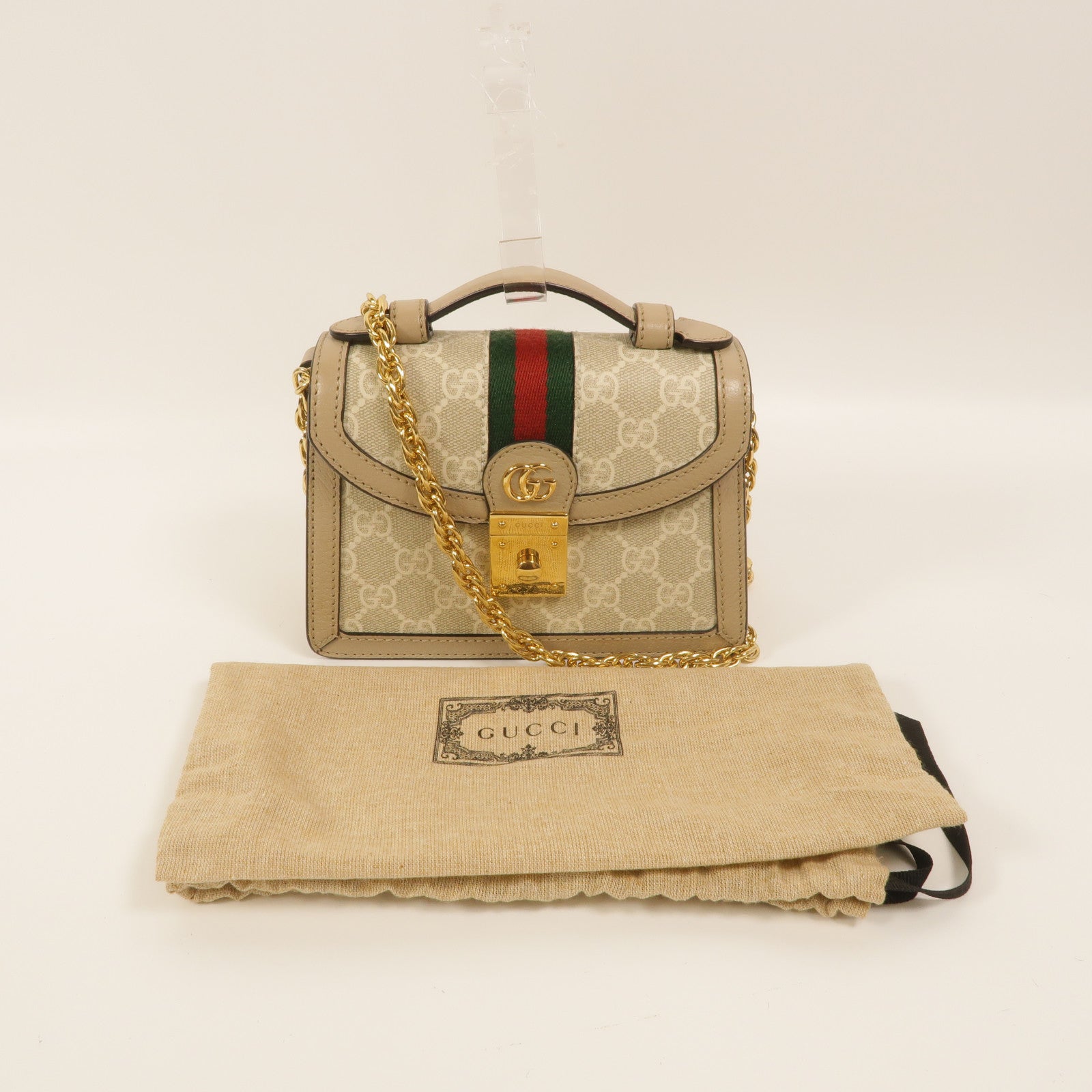 GUCCI 塗層帆布Ophidia GG鏈帶手挽肩背兩用袋