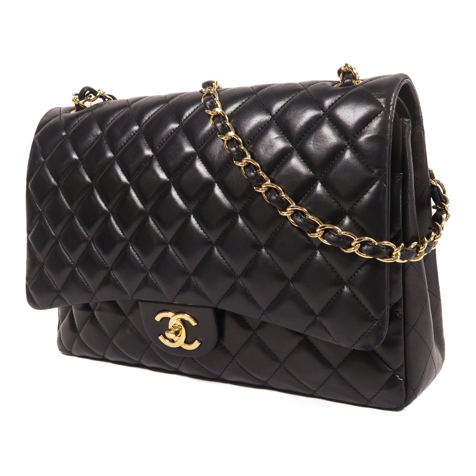 CHANEL 羊皮皮革Maxi Classic金扣鏈帶肩背袋黑色