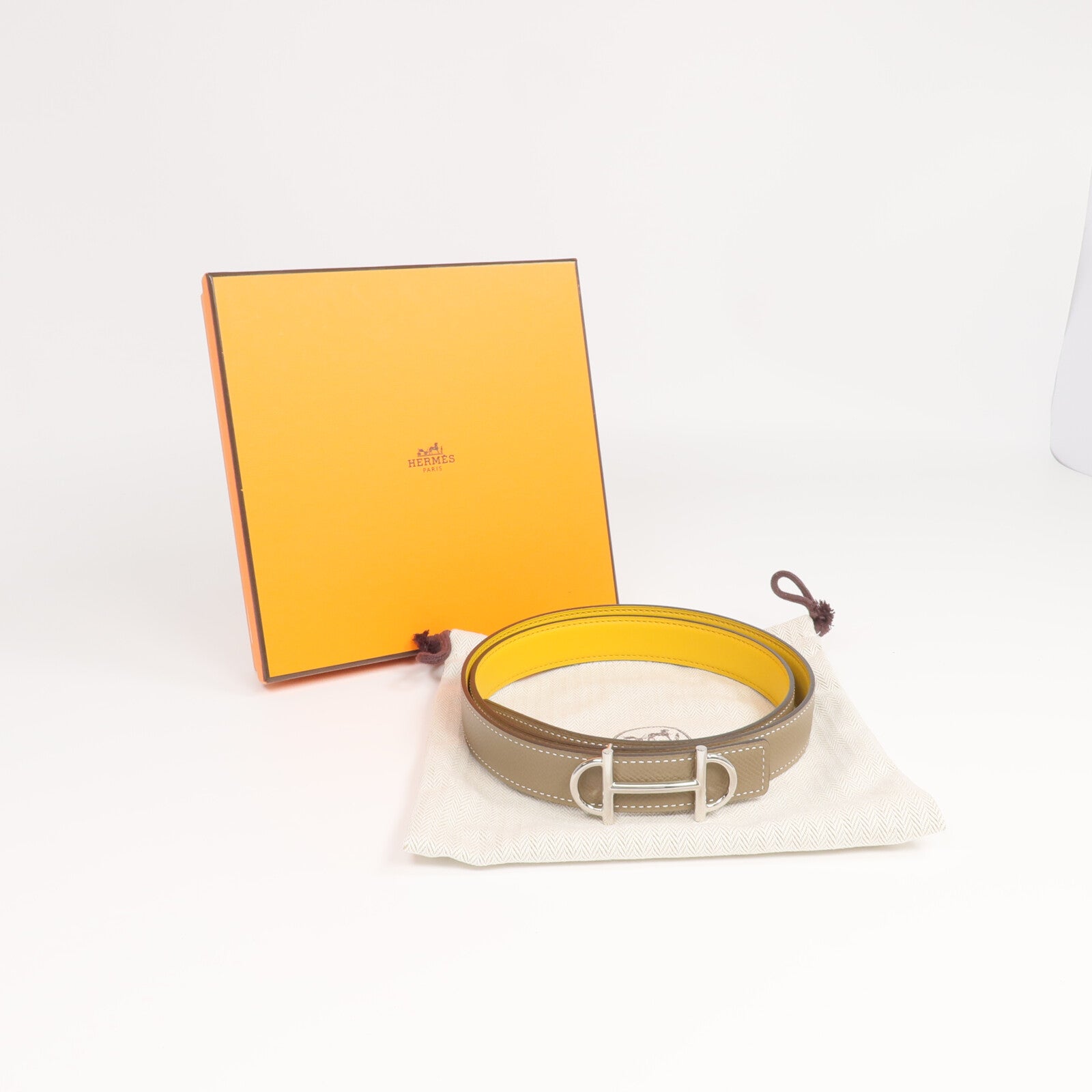 HERMES Epsom/Swift皮革Gamma Belt銀扣皮帶Etoupe/Jaune Ambre