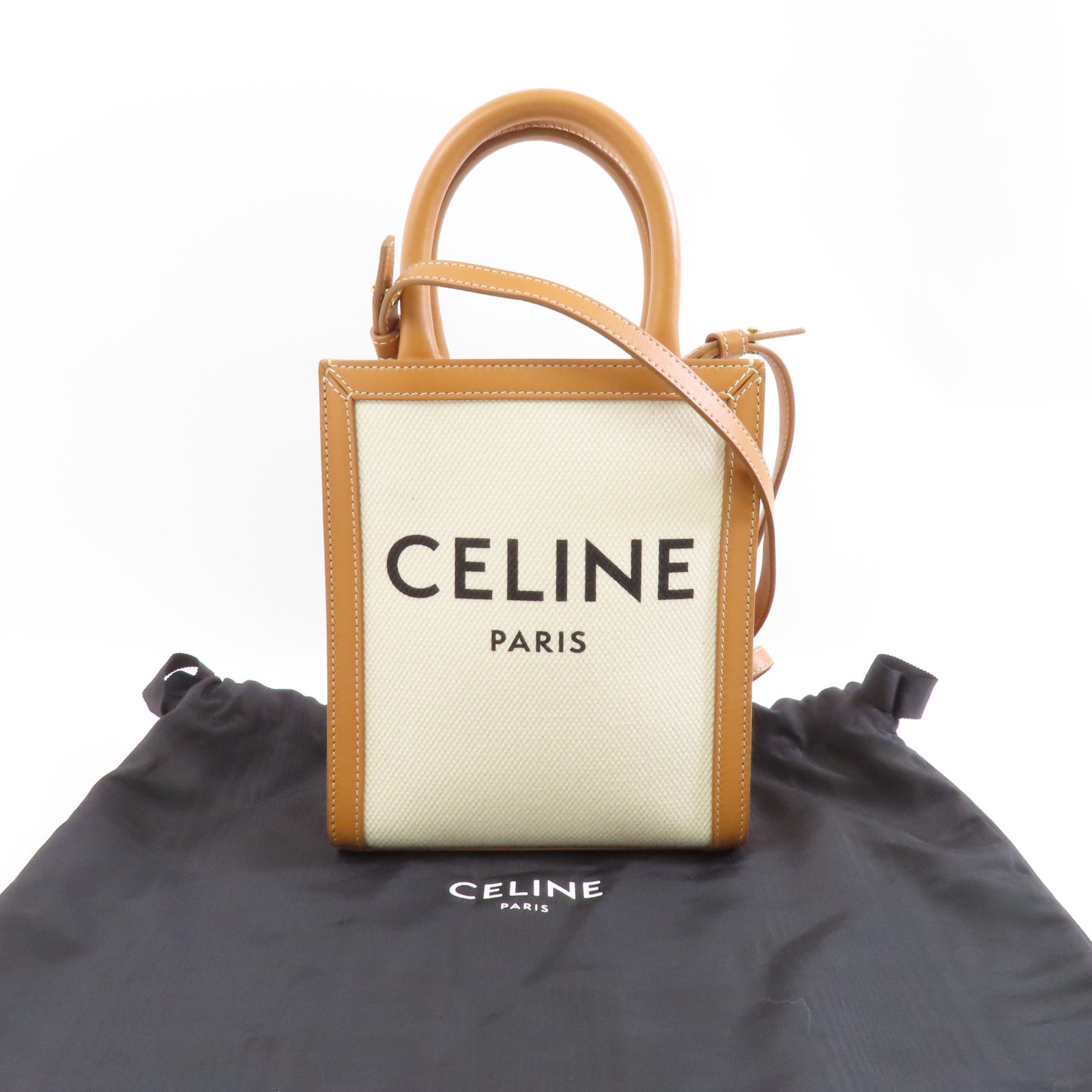 CELINE 帆布/皮革Mini Vertical Cabas金扣手挽肩背兩用袋白色/啡色