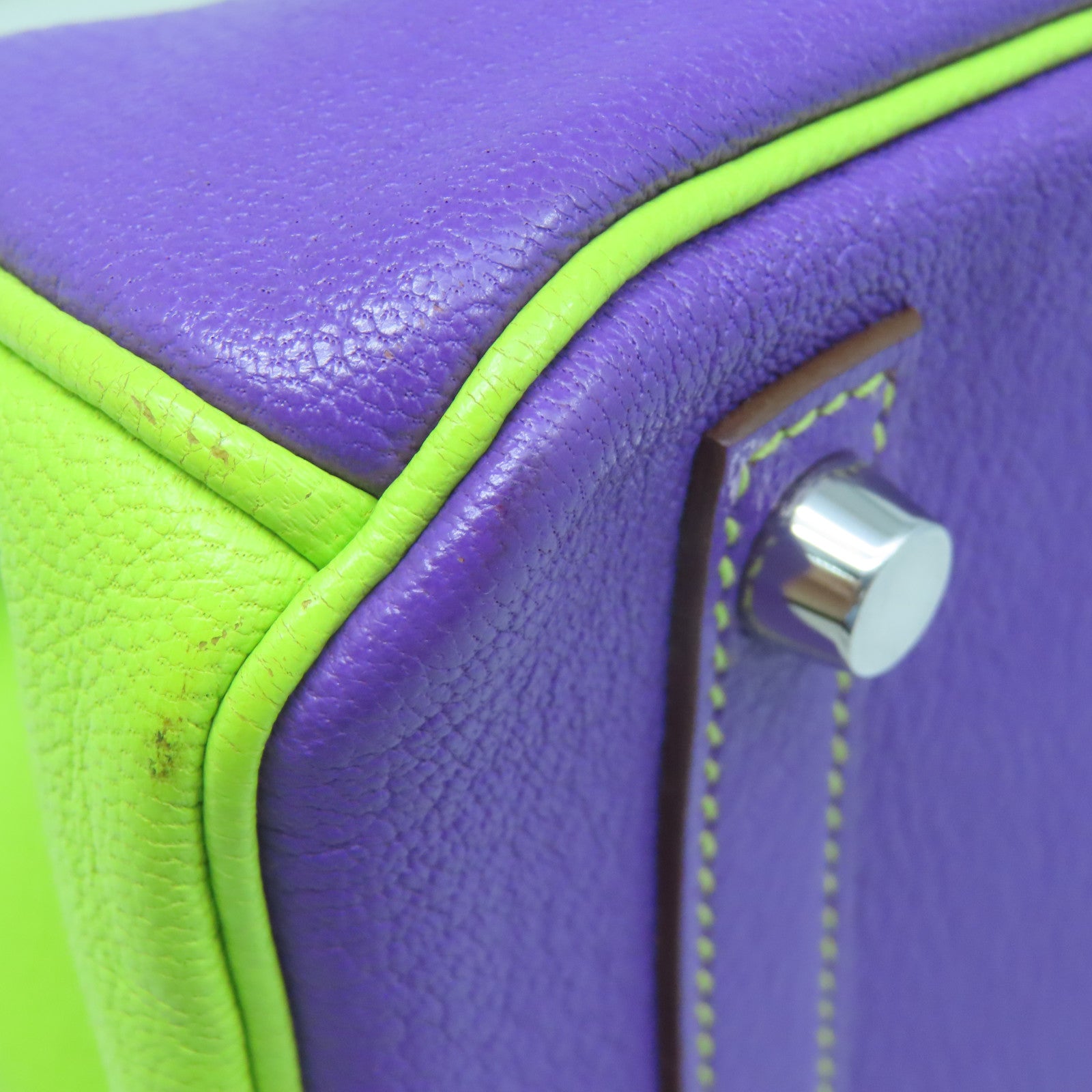 HERMES Mysore Goat Leather Birkin 30 Silver Buckle Handle Purple/Neo Green