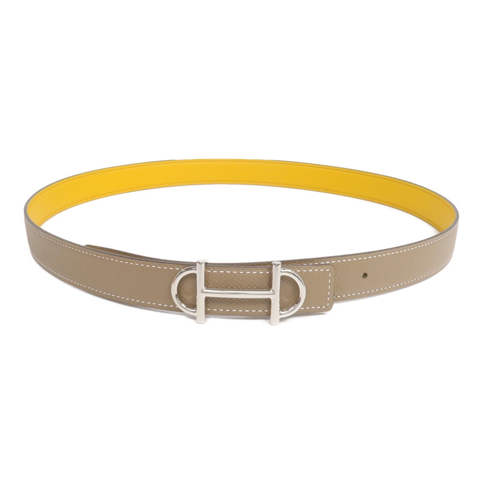 HERMES Epsom/Swift皮革Gamma Belt銀扣皮帶Etoupe/Jaune Ambre