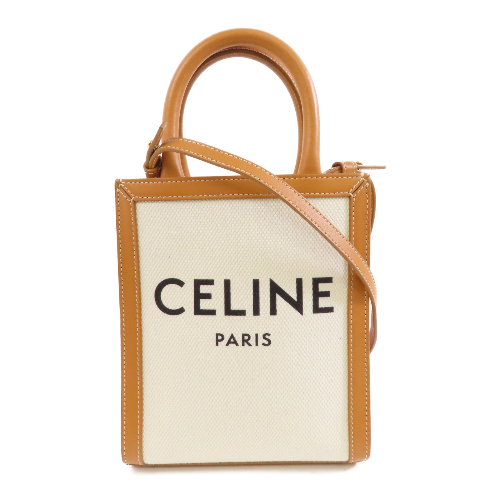 CELINE 帆布/皮革Mini Vertical Cabas金扣手挽肩背兩用袋白色/啡色