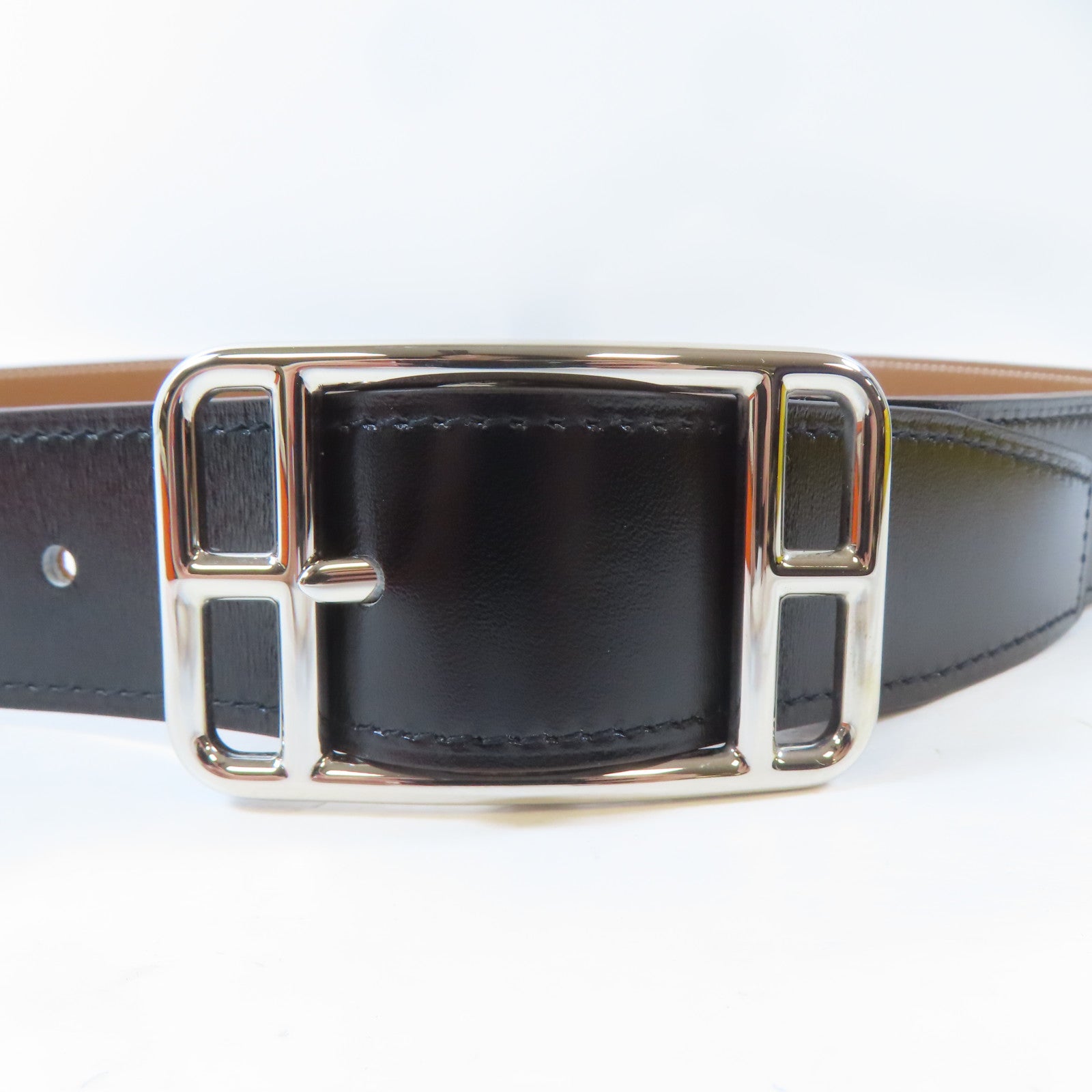 HERMES Swift皮革Cape Cod Reversible Belt 95cm銀扣皮帶Noir/黑色