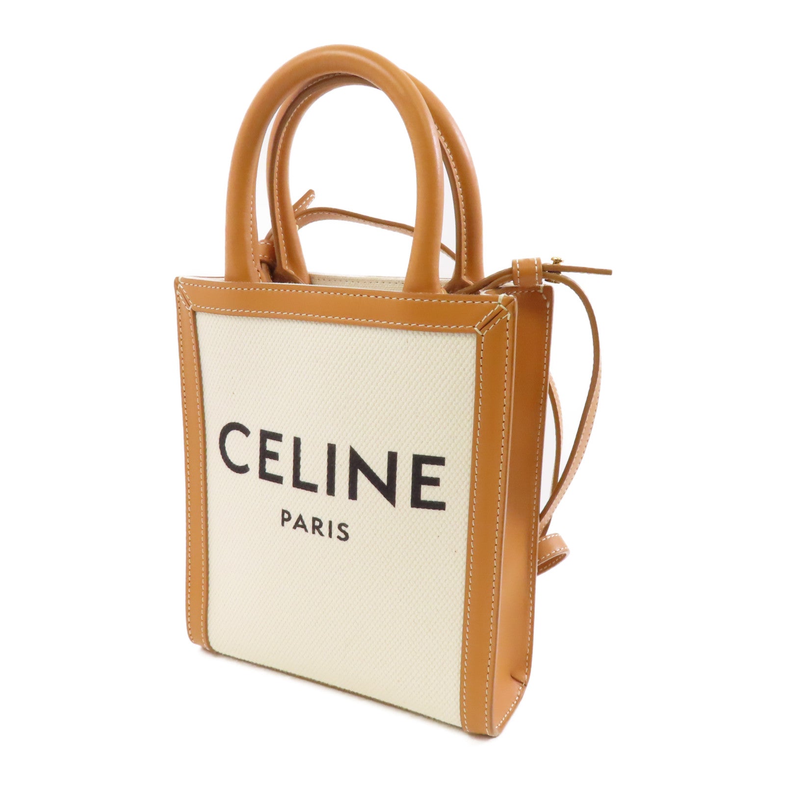 CELINE 帆布/皮革Mini Vertical Cabas金扣手挽肩背兩用袋白色/啡色