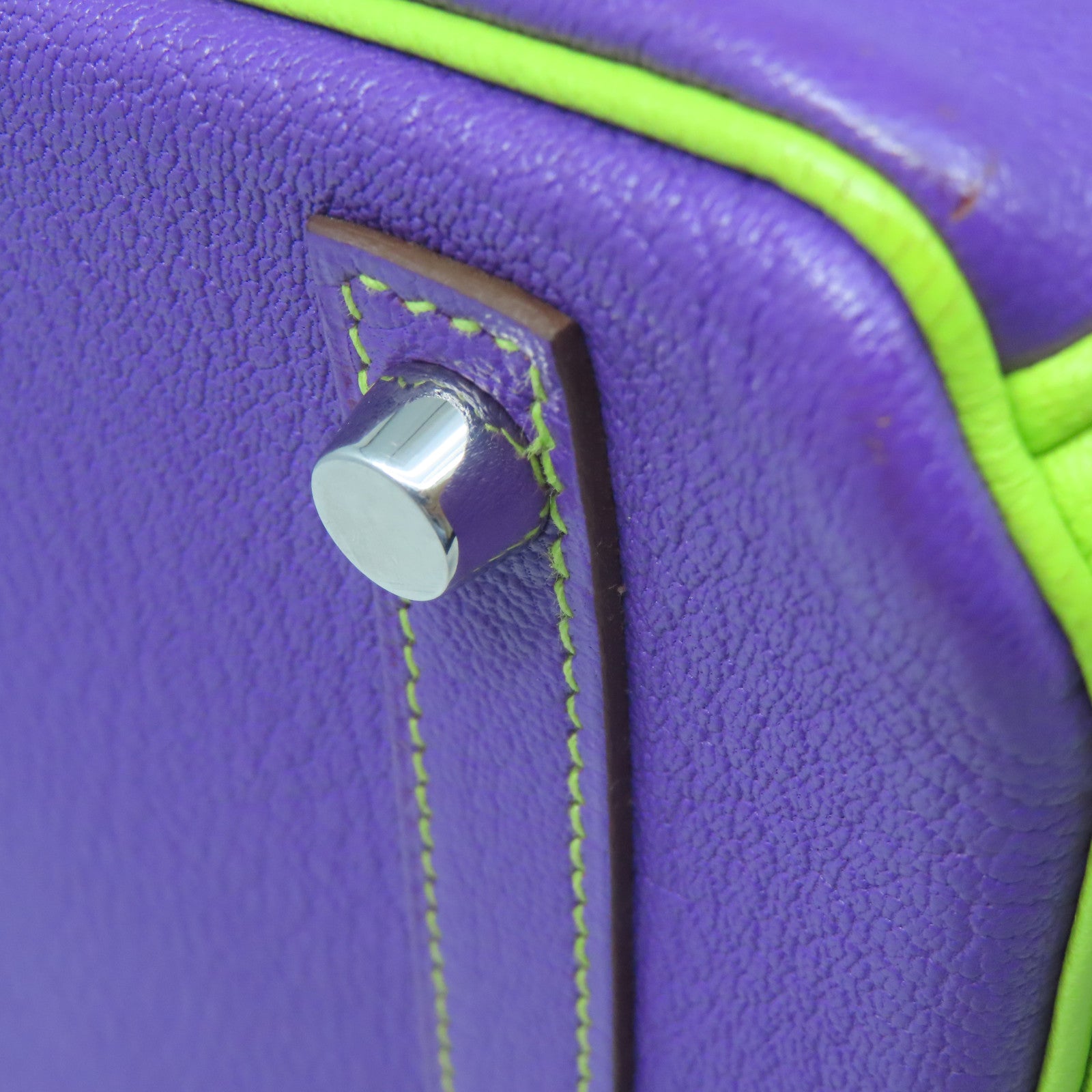 HERMES Mysore Goat Leather Birkin 30 Silver Buckle Handle Purple/Neo Green