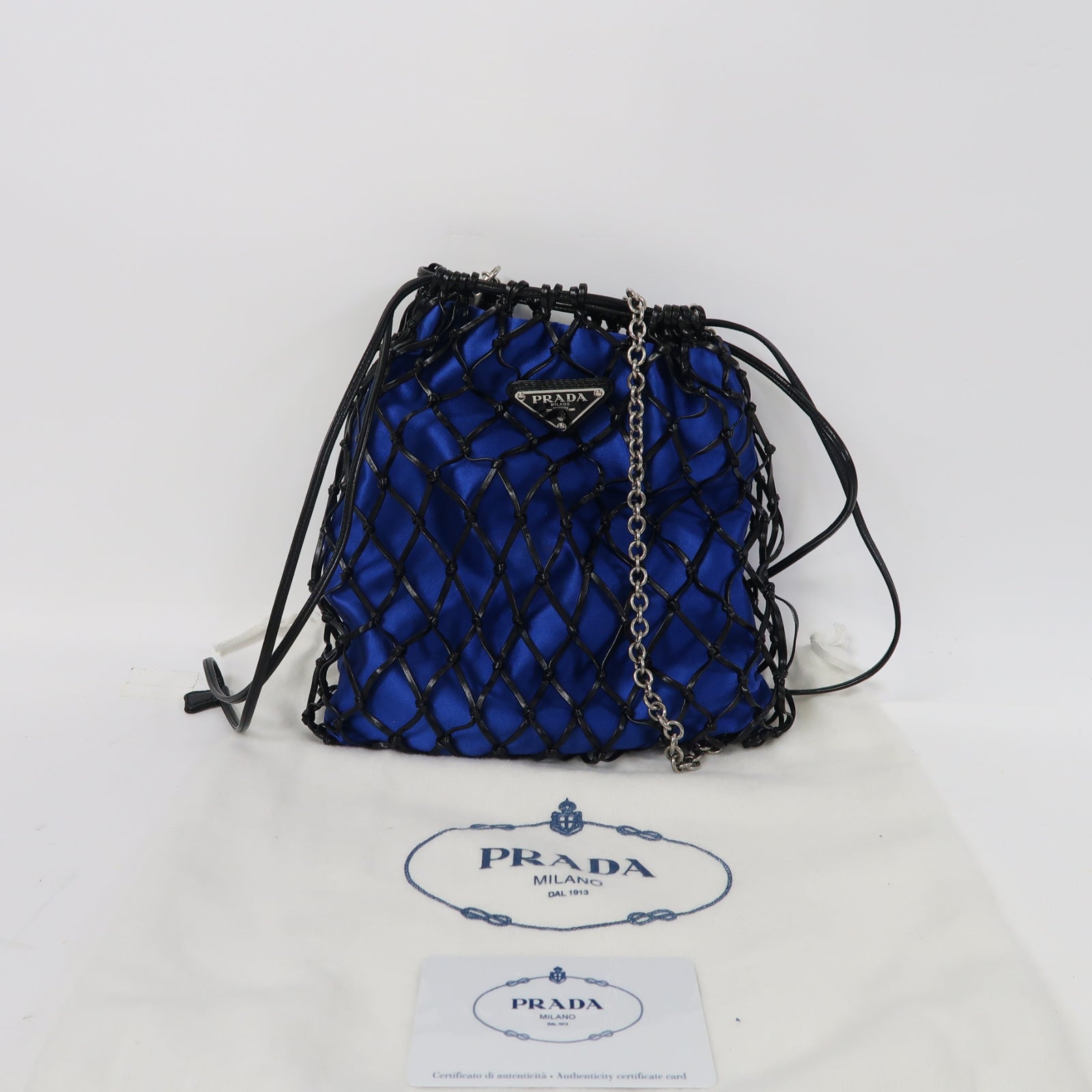 PRADA 緞布/網布Chain Shoulder銀扣鏈帶肩背袋藍色