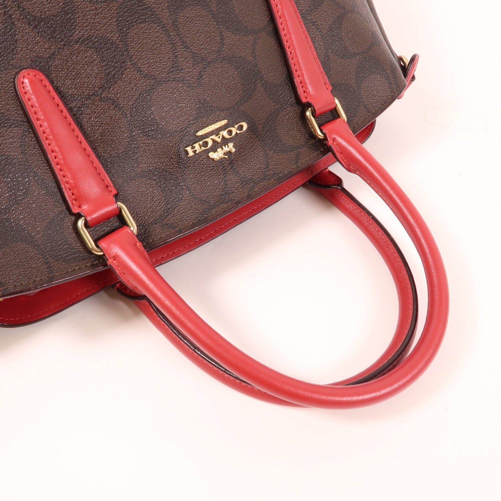 COACH 塗層帆布Handbag金扣肩背袋棕色/紅色