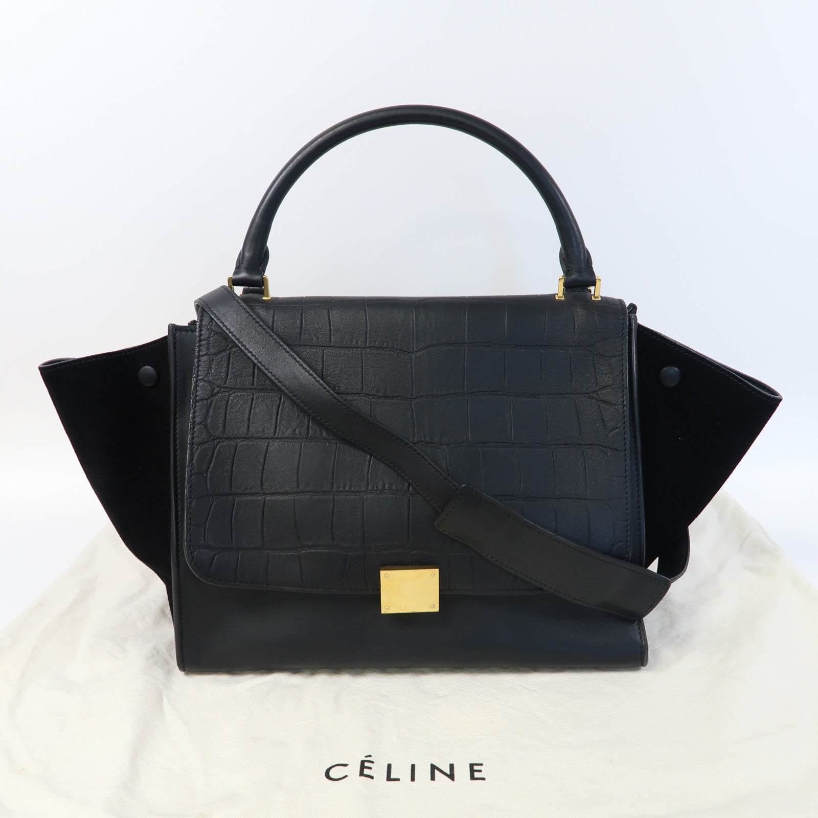 CELINE 牛皮皮革/麂皮皮革Trapeze金扣手挽肩背兩用袋黑色