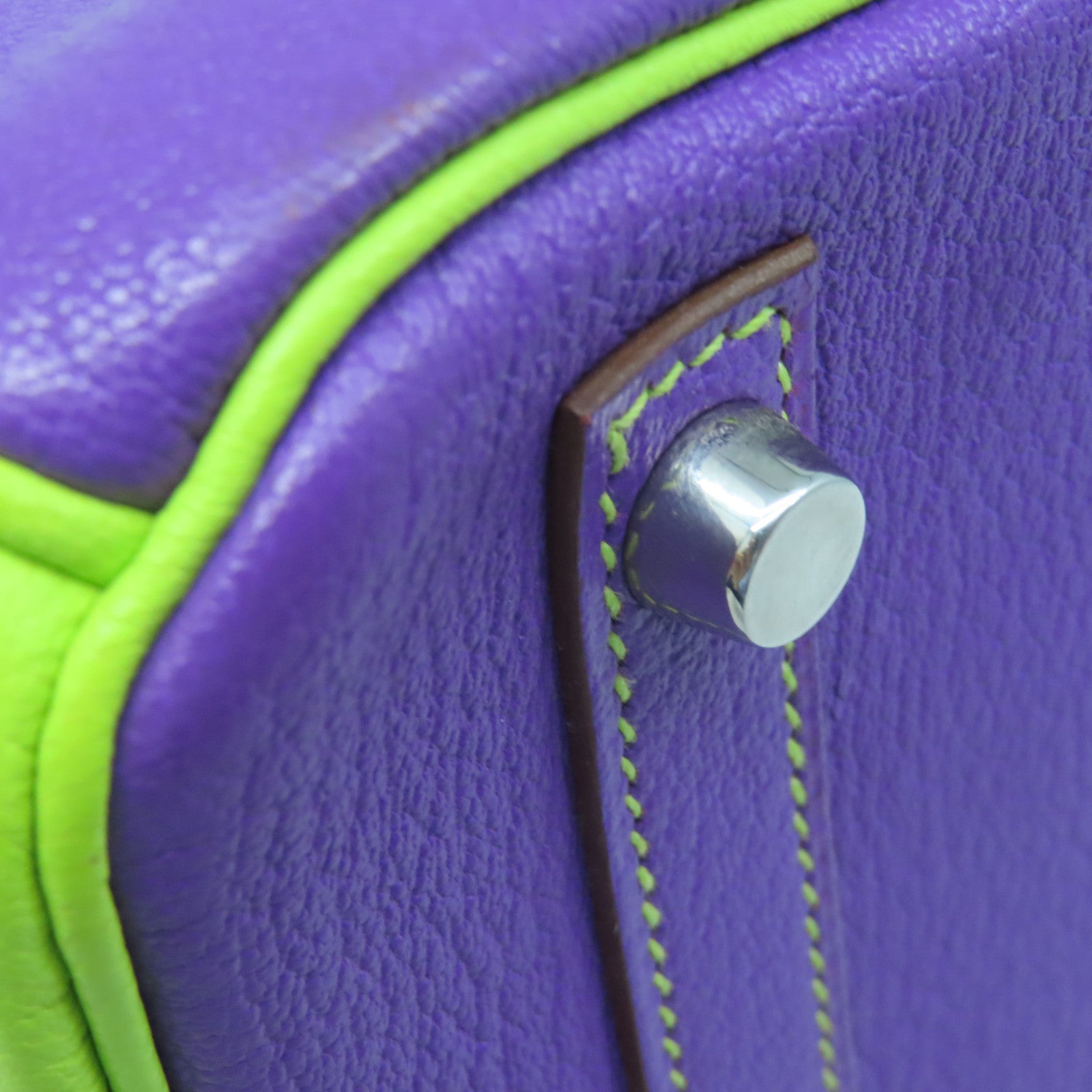 HERMES Mysore Goat Leather Birkin 30 Silver Buckle Handle Purple/Neo Green