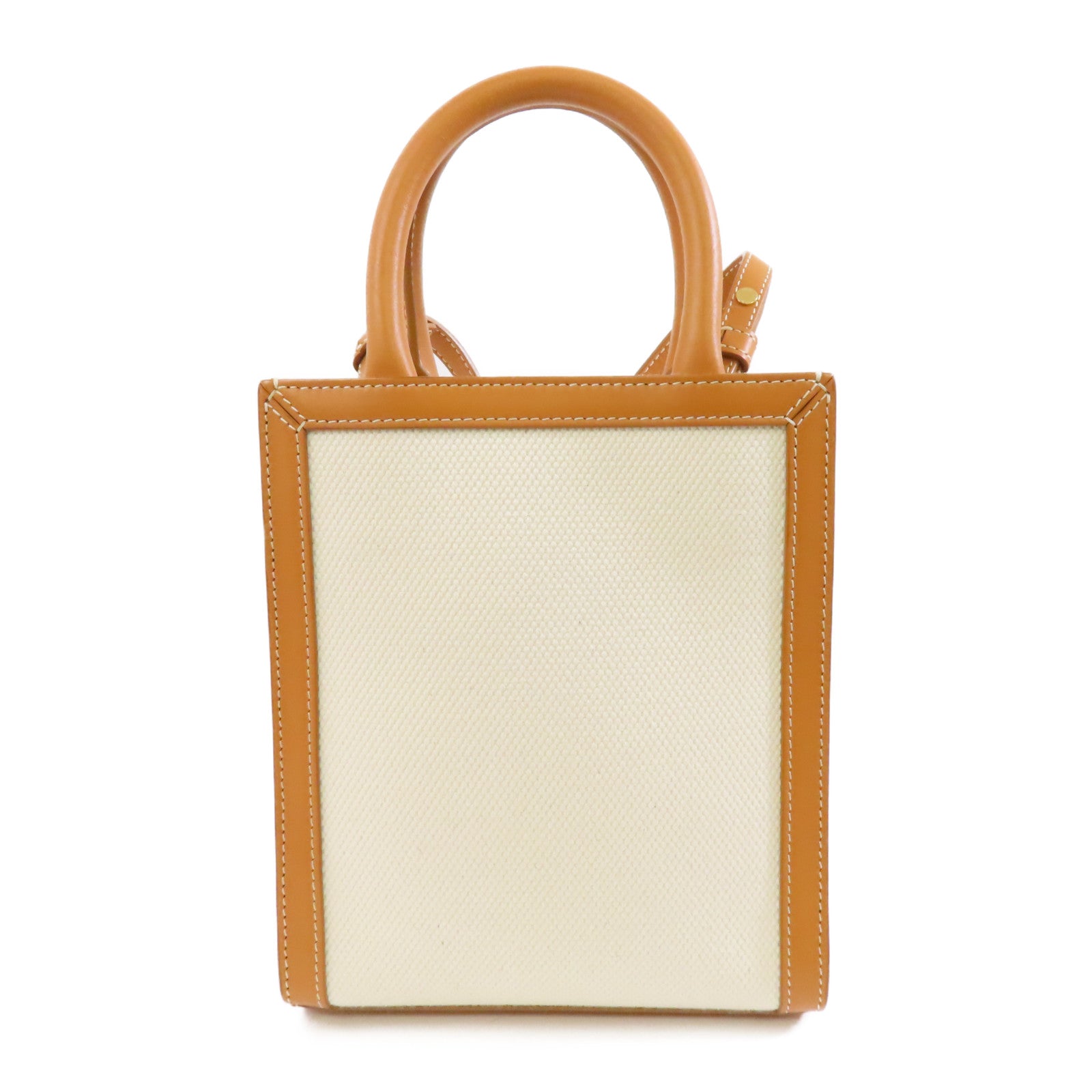 CELINE 帆布/皮革Mini Vertical Cabas金扣手挽肩背兩用袋白色/啡色