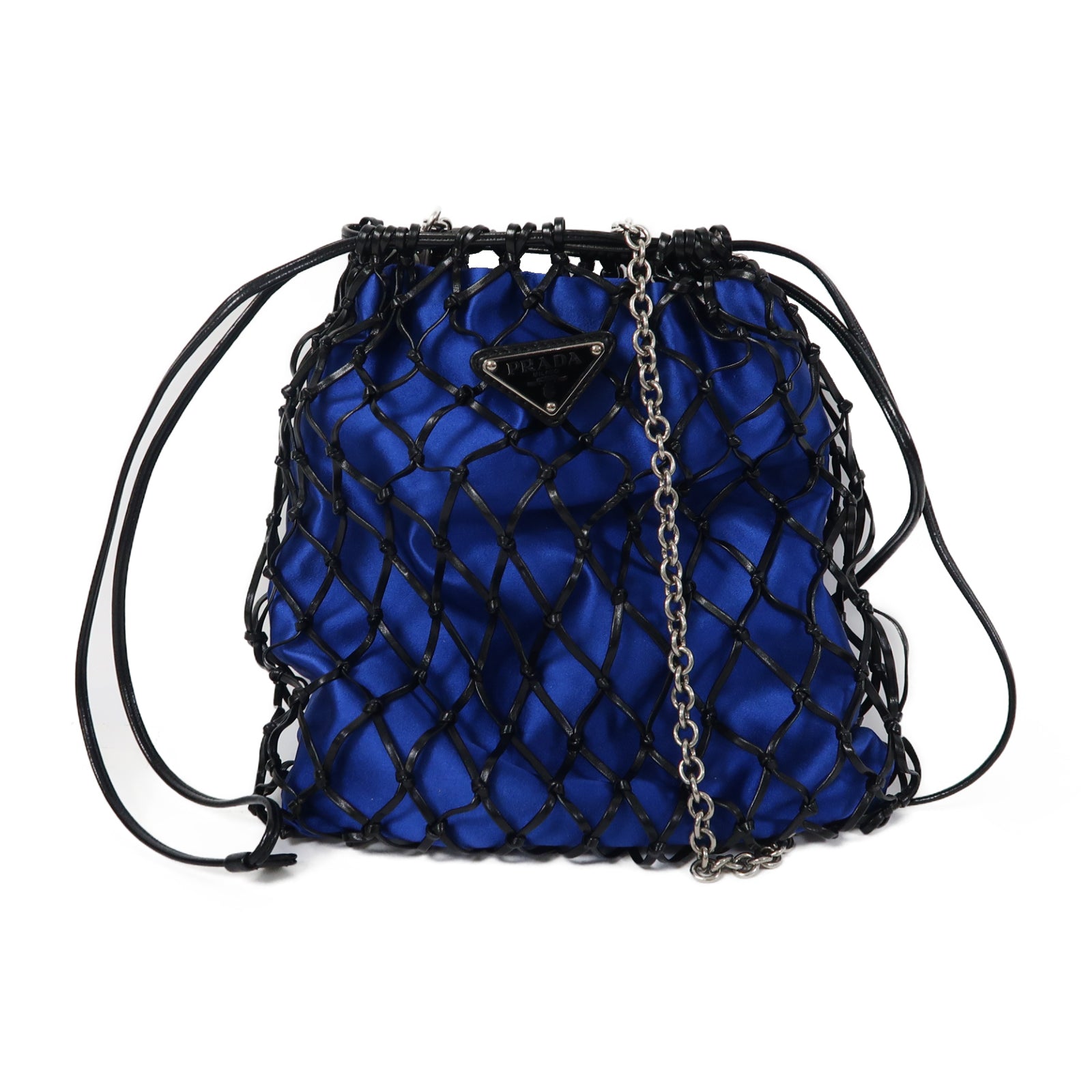 PRADA 緞布/網布Chain Shoulder銀扣鏈帶肩背袋藍色