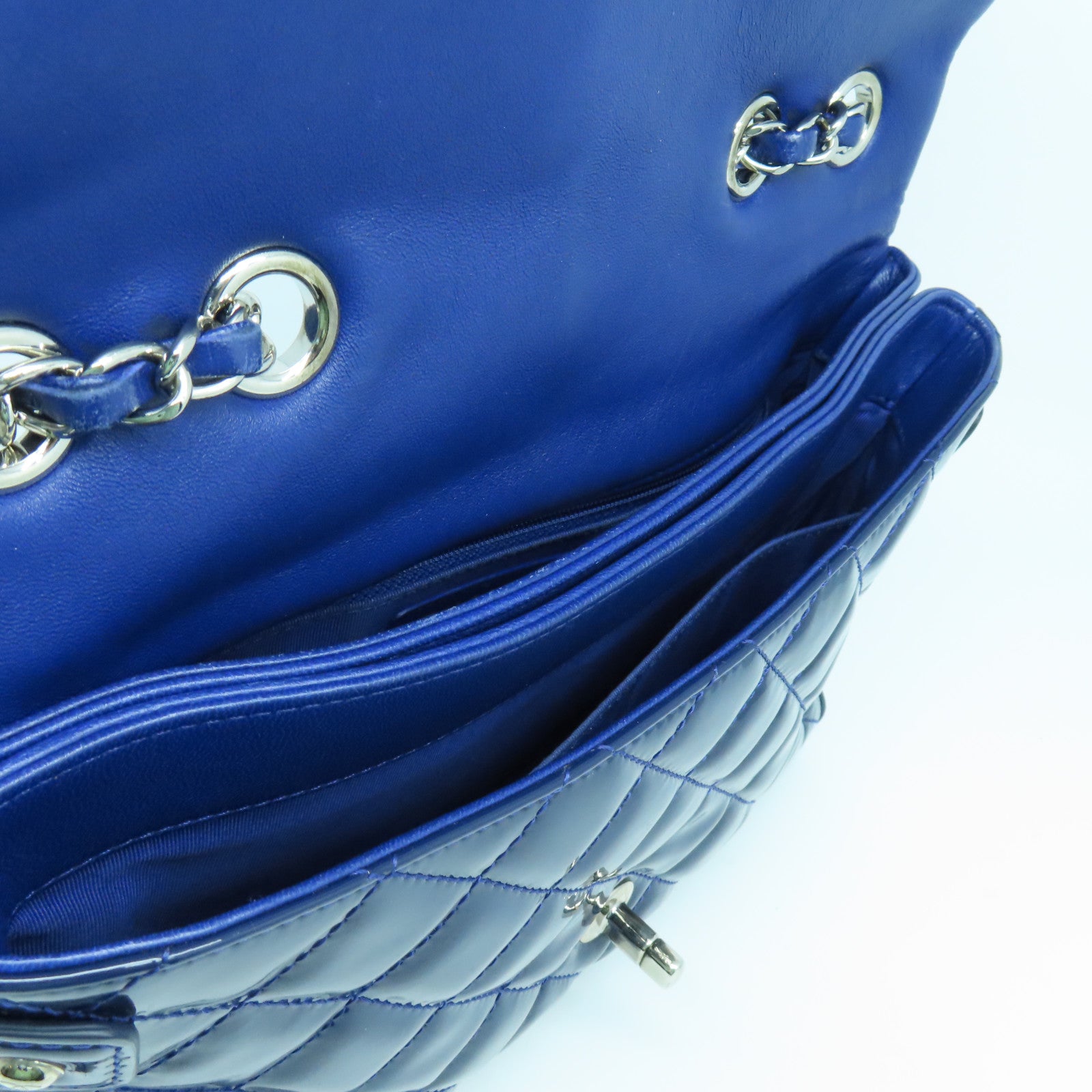 CHANEL 菱格漆皮皮革Chain Shoulder Bag銀扣鏈帶肩背袋藍色
