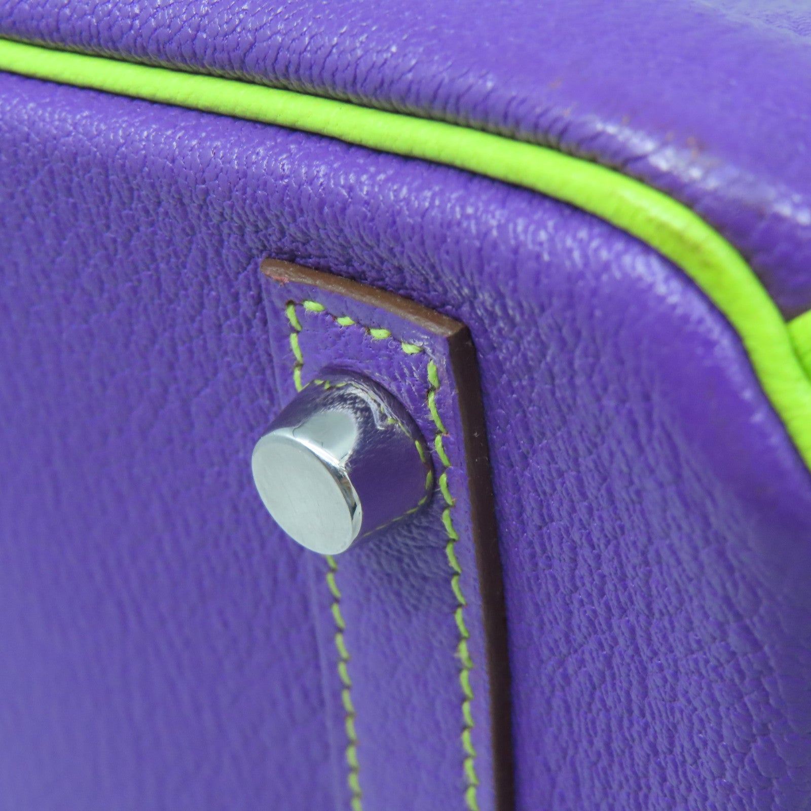 HERMES Mysore Goat Leather Birkin 30 Silver Buckle Handle Purple/Neo Green