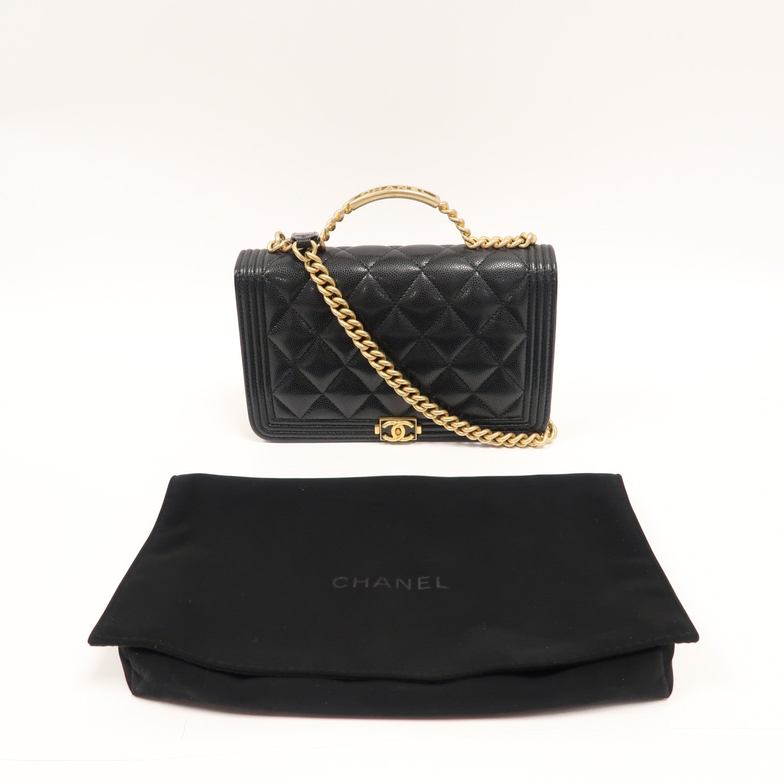 CHANEL Caviar皮革Boy Wallet On Chain金扣手挽肩背兩用袋黑色