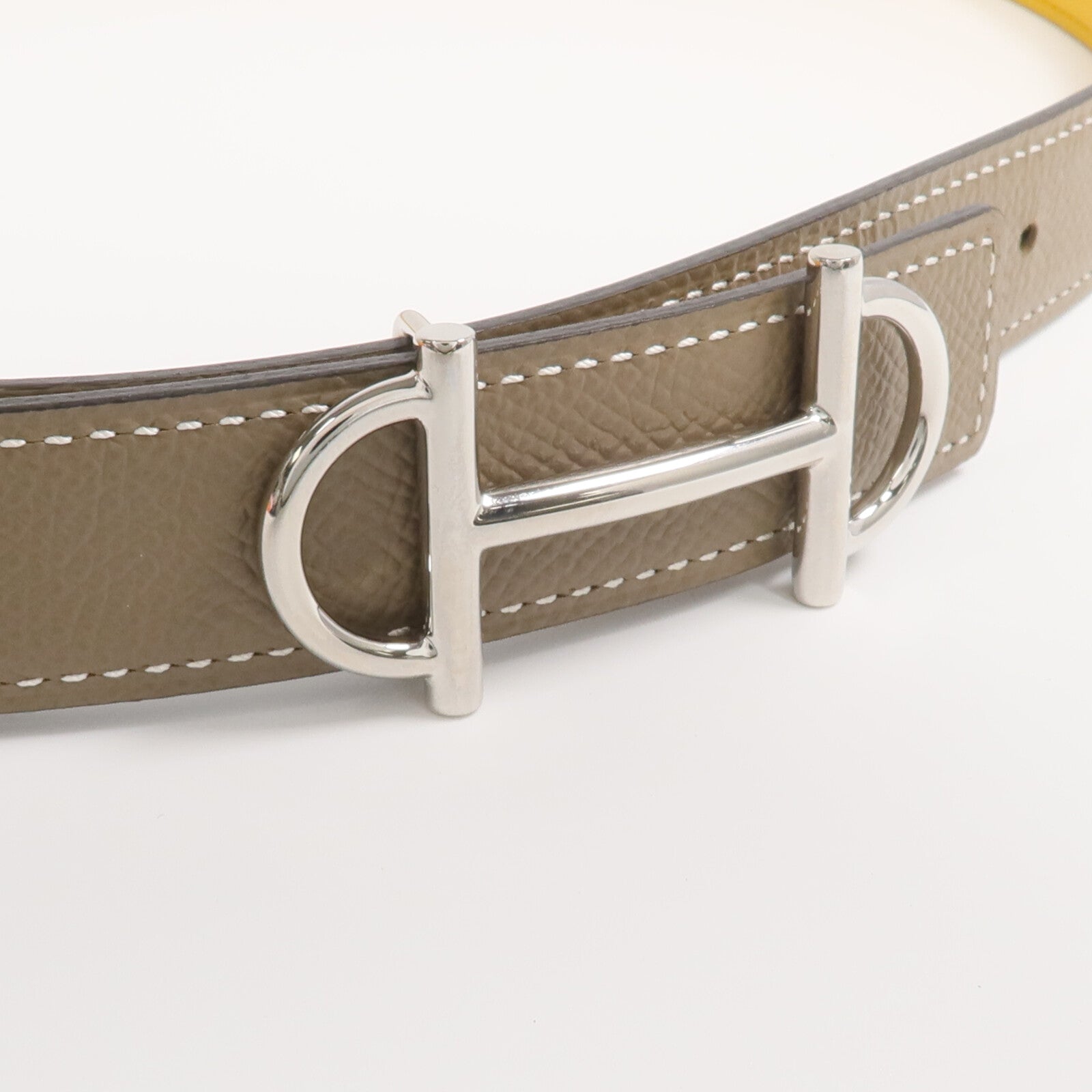 HERMES Epsom/Swift皮革Gamma Belt銀扣皮帶Etoupe/Jaune Ambre