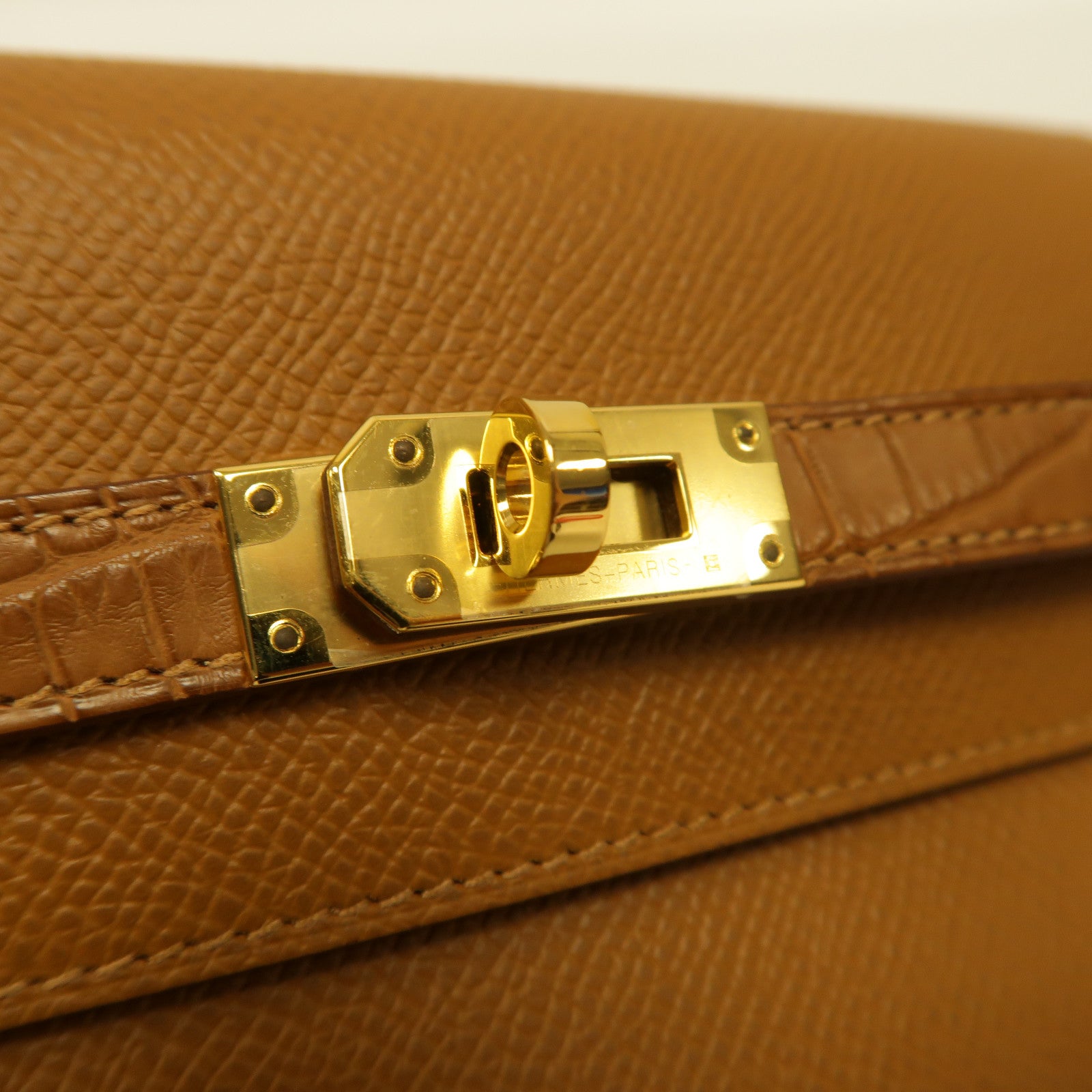 HERMES Epsom皮革/Alligator皮革Kelly Wallet金扣錢包經典駝色