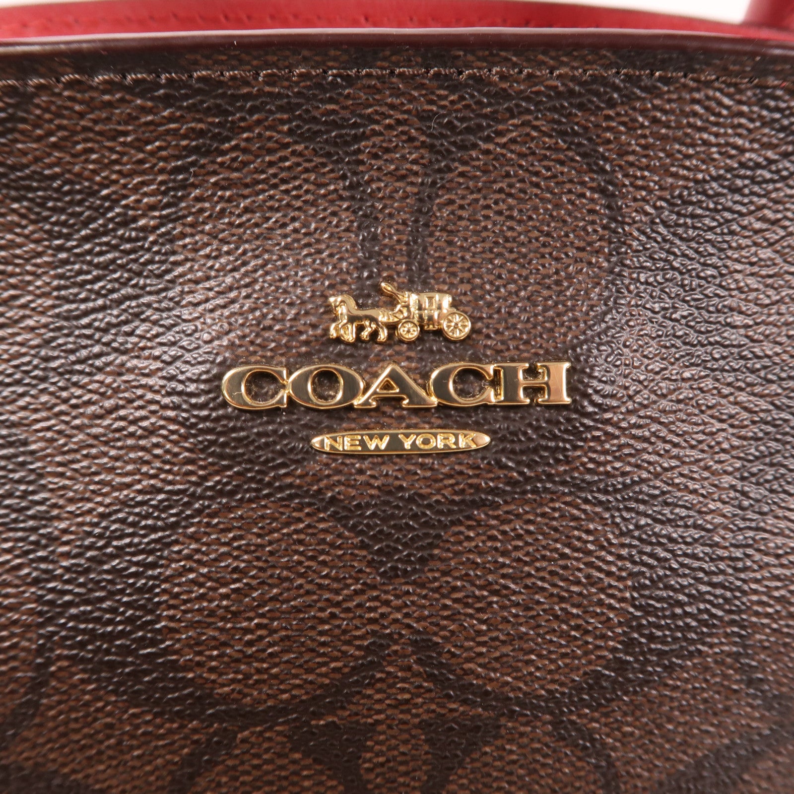 COACH 塗層帆布Handbag金扣肩背袋棕色/紅色