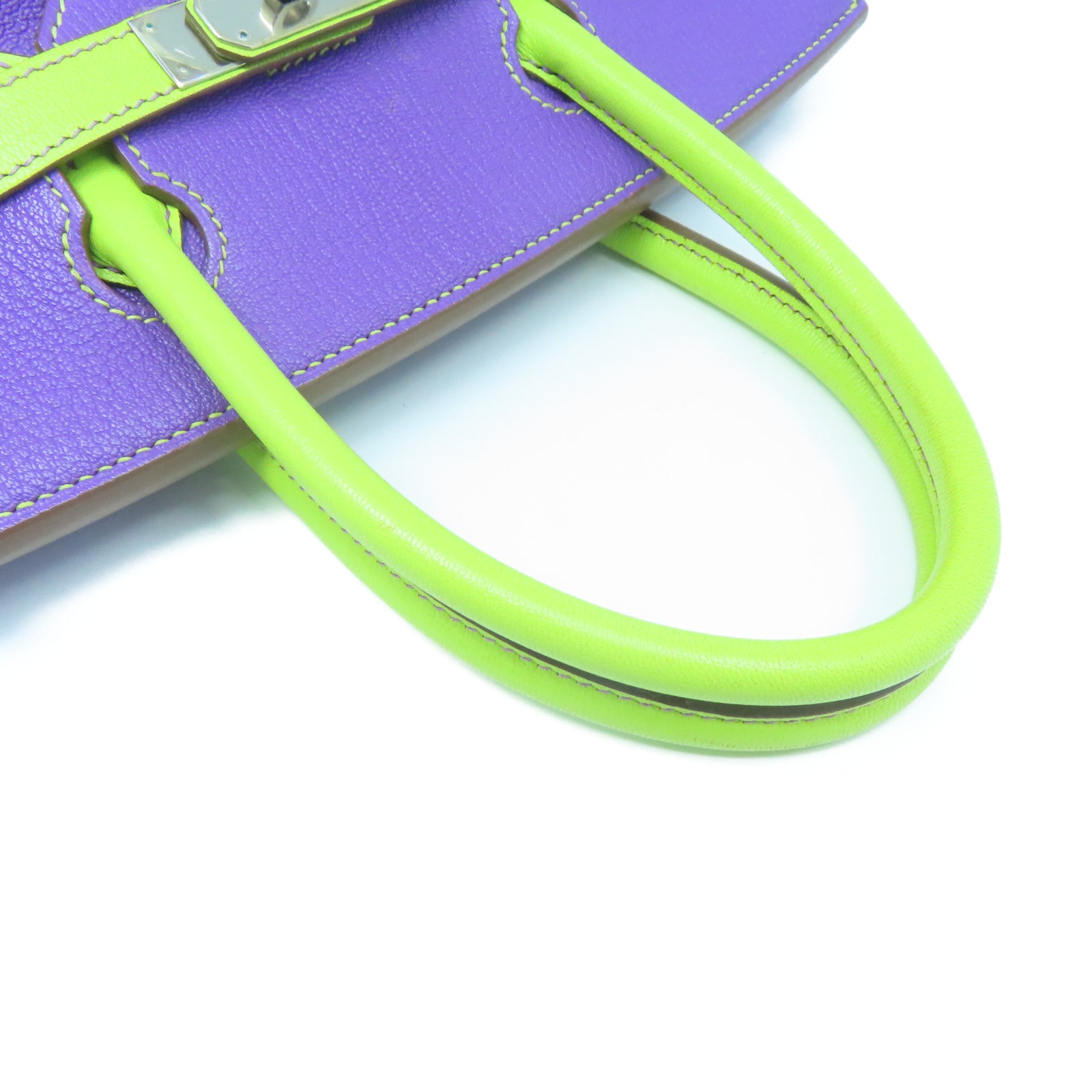 HERMES Mysore Goat Leather Birkin 30 Silver Buckle Handle Purple/Neo Green