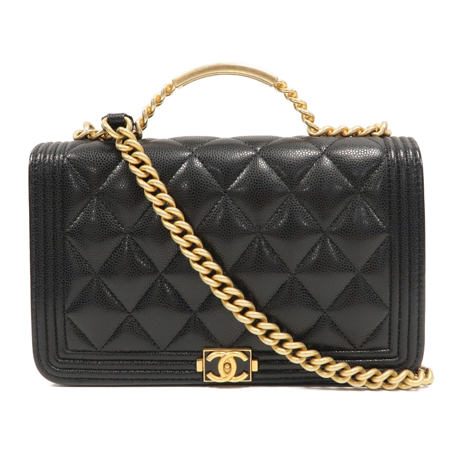 CHANEL Caviar皮革Boy Wallet On Chain金扣手挽肩背兩用袋黑色