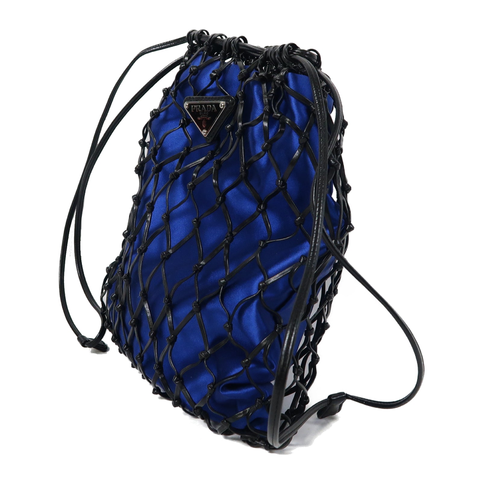PRADA 緞布/網布Chain Shoulder銀扣鏈帶肩背袋藍色