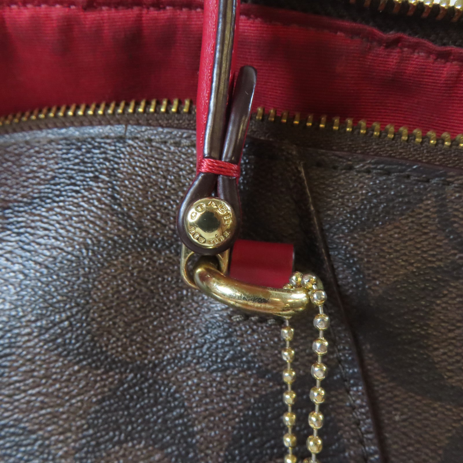 COACH 塗層帆布2 Way Shoulder金扣手挽肩背兩用袋啡色/紅色