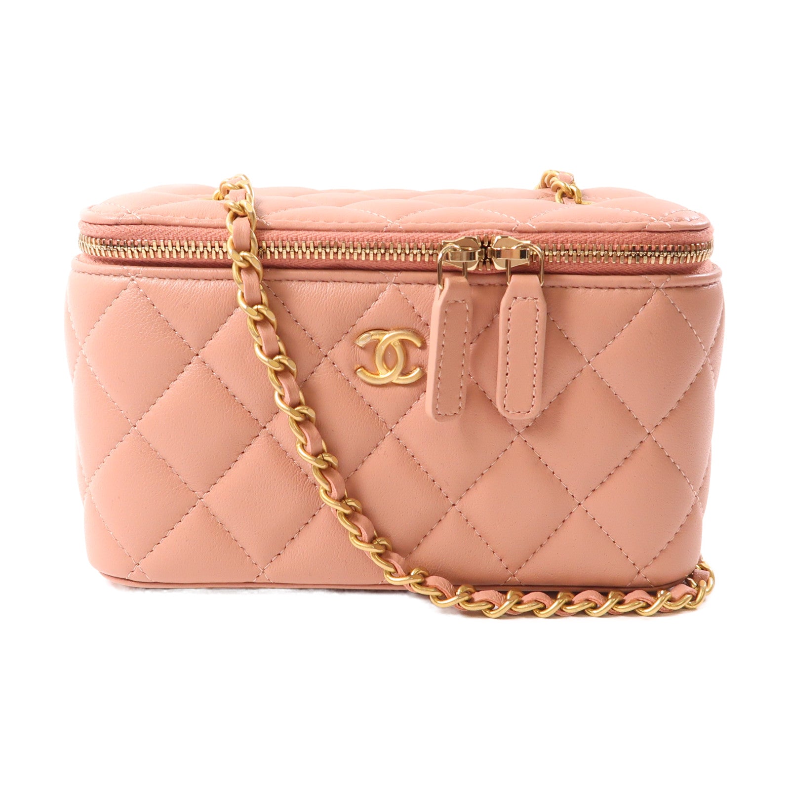 CHANEL 羊皮皮革Vanity Case金扣鏈帶肩背袋粉紅色