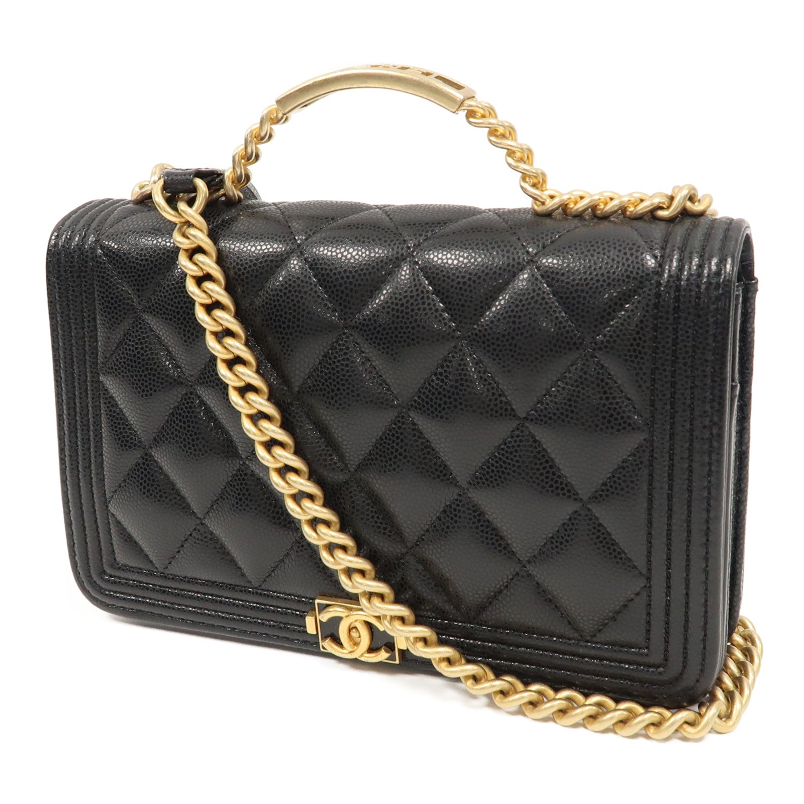 CHANEL Caviar皮革Boy Wallet On Chain金扣手挽肩背兩用袋黑色