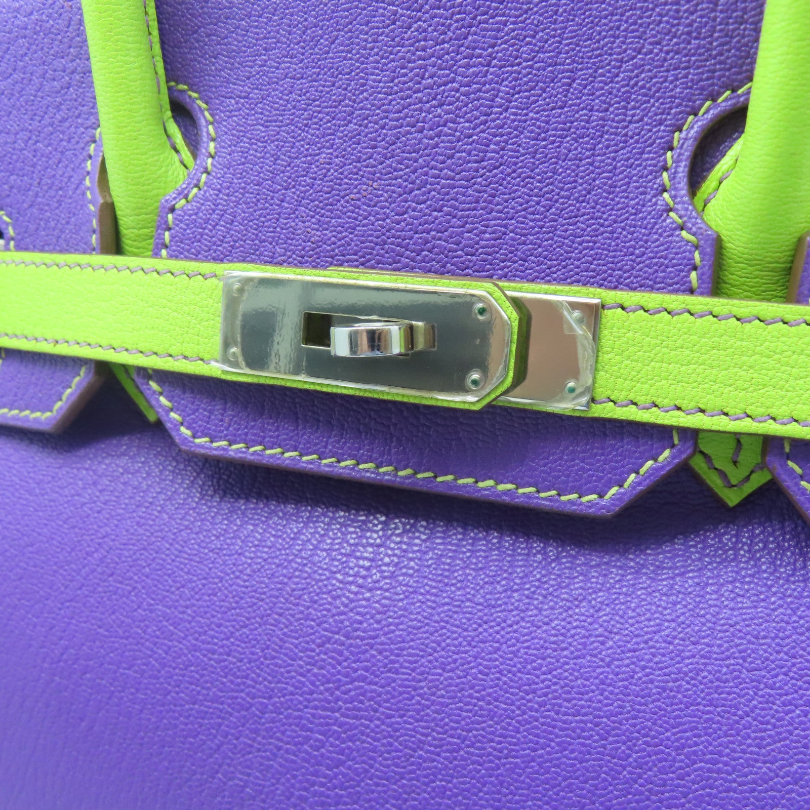 HERMES Mysore Goat Leather Birkin 30 Silver Buckle Handle Purple/Neo Green