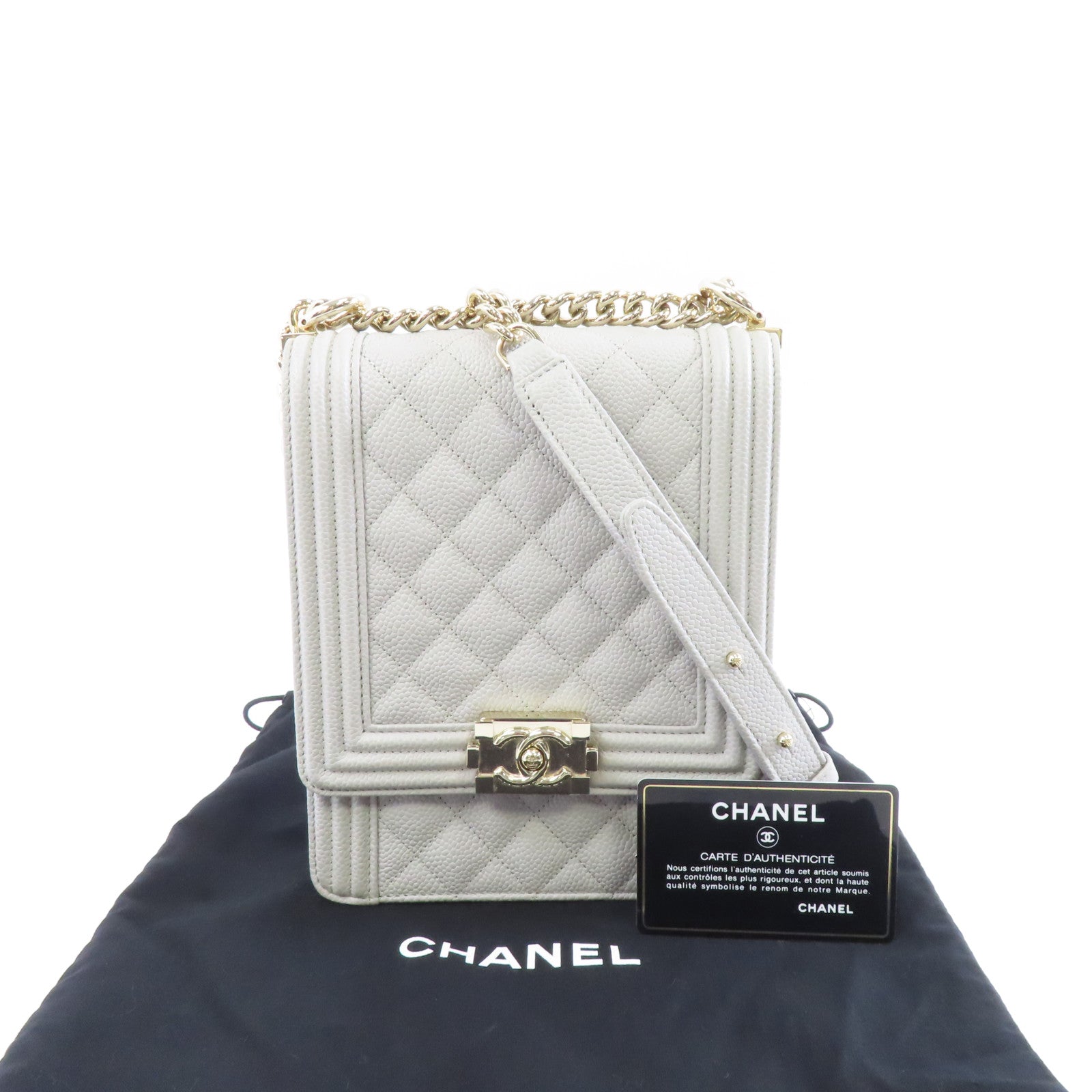 CHANEL 【激減優惠】菱格Caviar皮革Boy Chanel金扣鏈帶肩背袋灰色