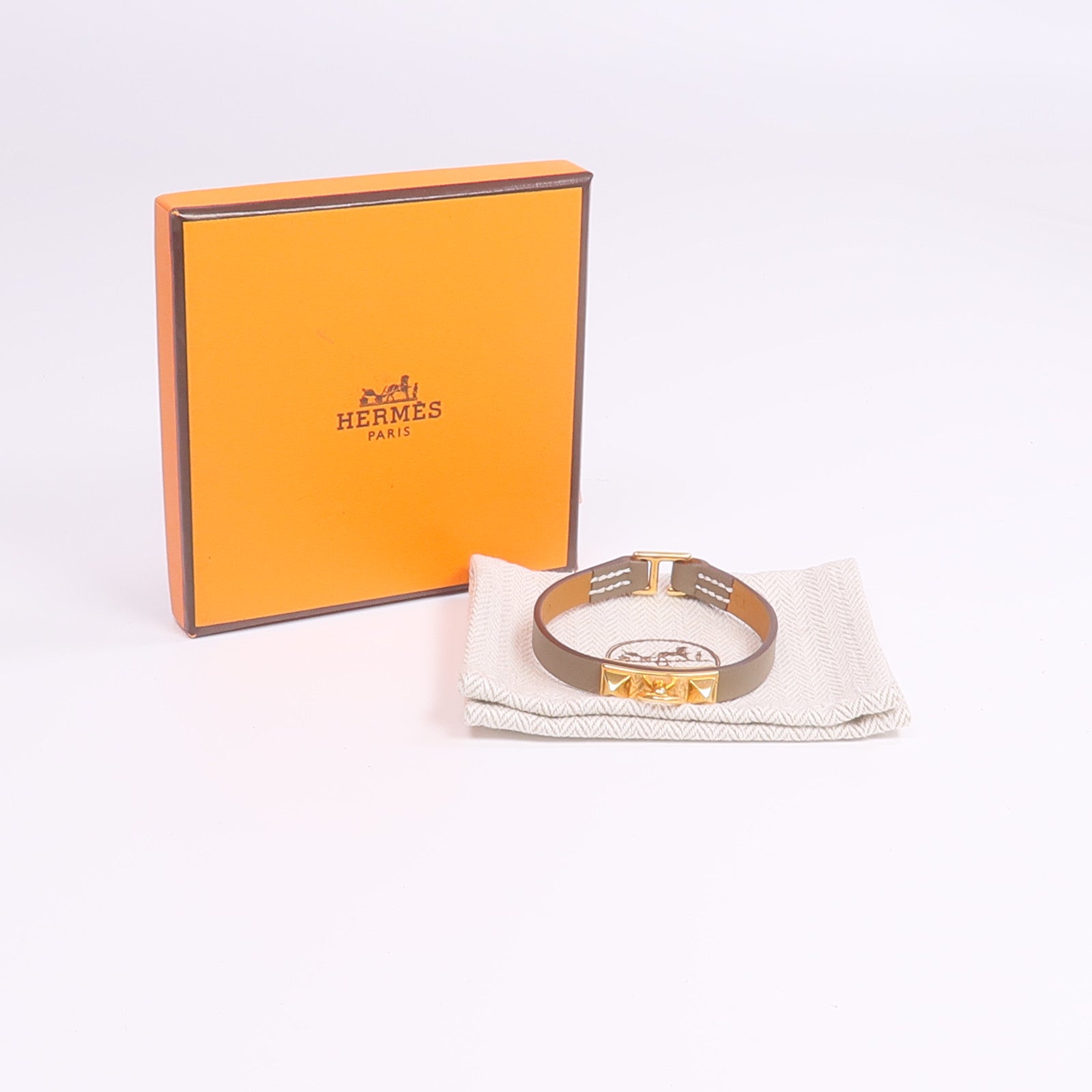 HERMES Swift皮革Rivale Mini Bracelet金扣手帶Etoupe
