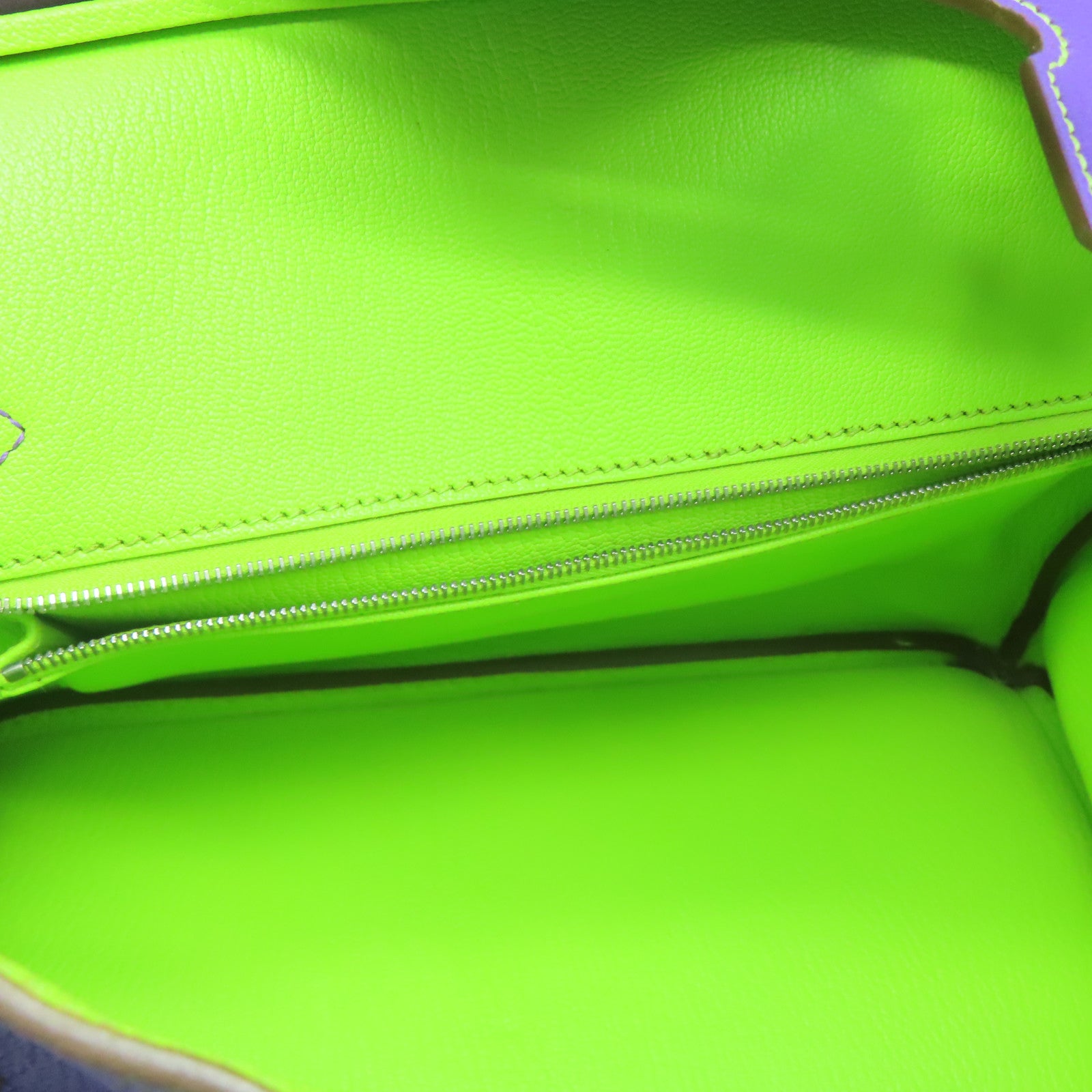 HERMES Mysore Goat Leather Birkin 30 Silver Buckle Handle Purple/Neo Green