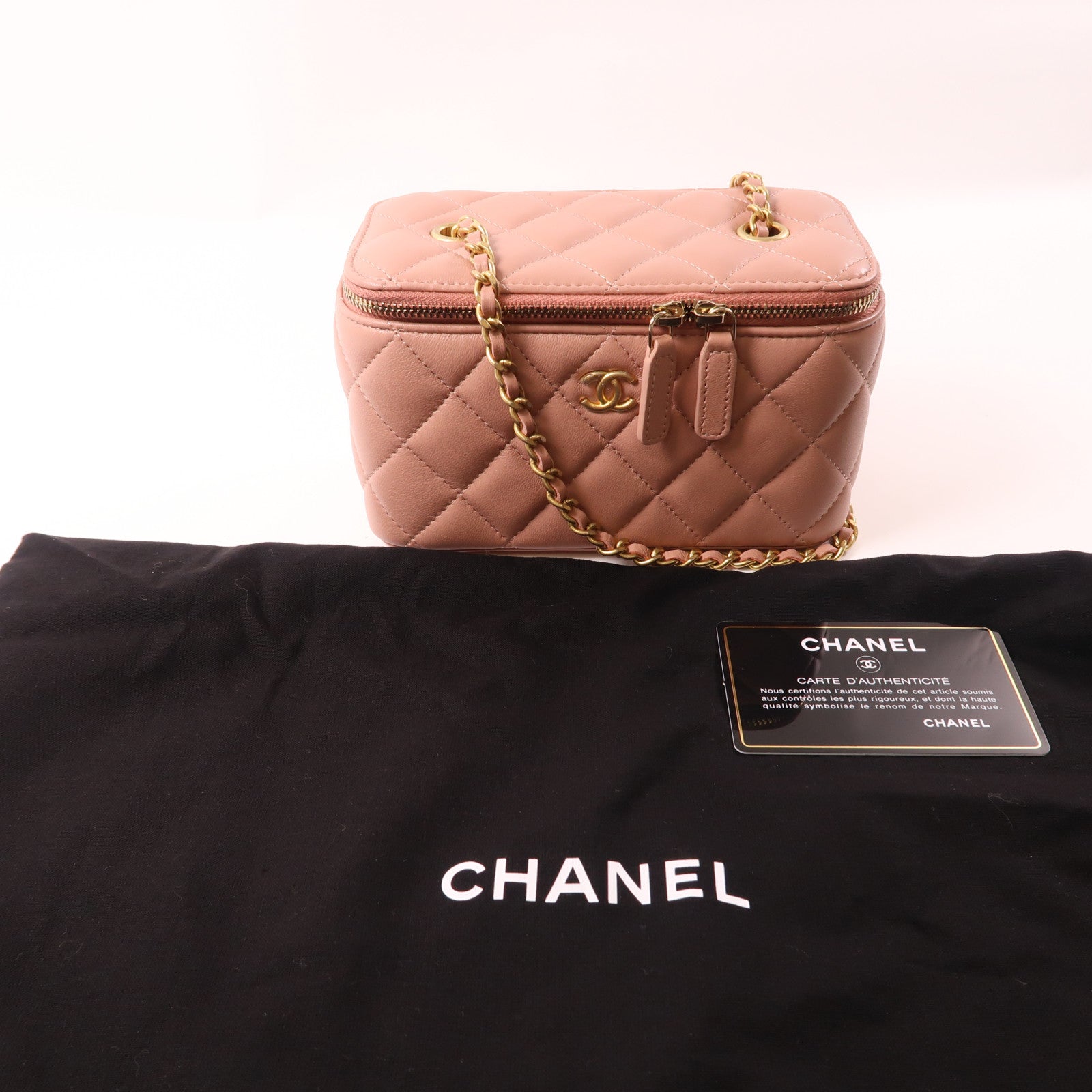 CHANEL 羊皮皮革Vanity Case金扣鏈帶肩背袋粉紅色