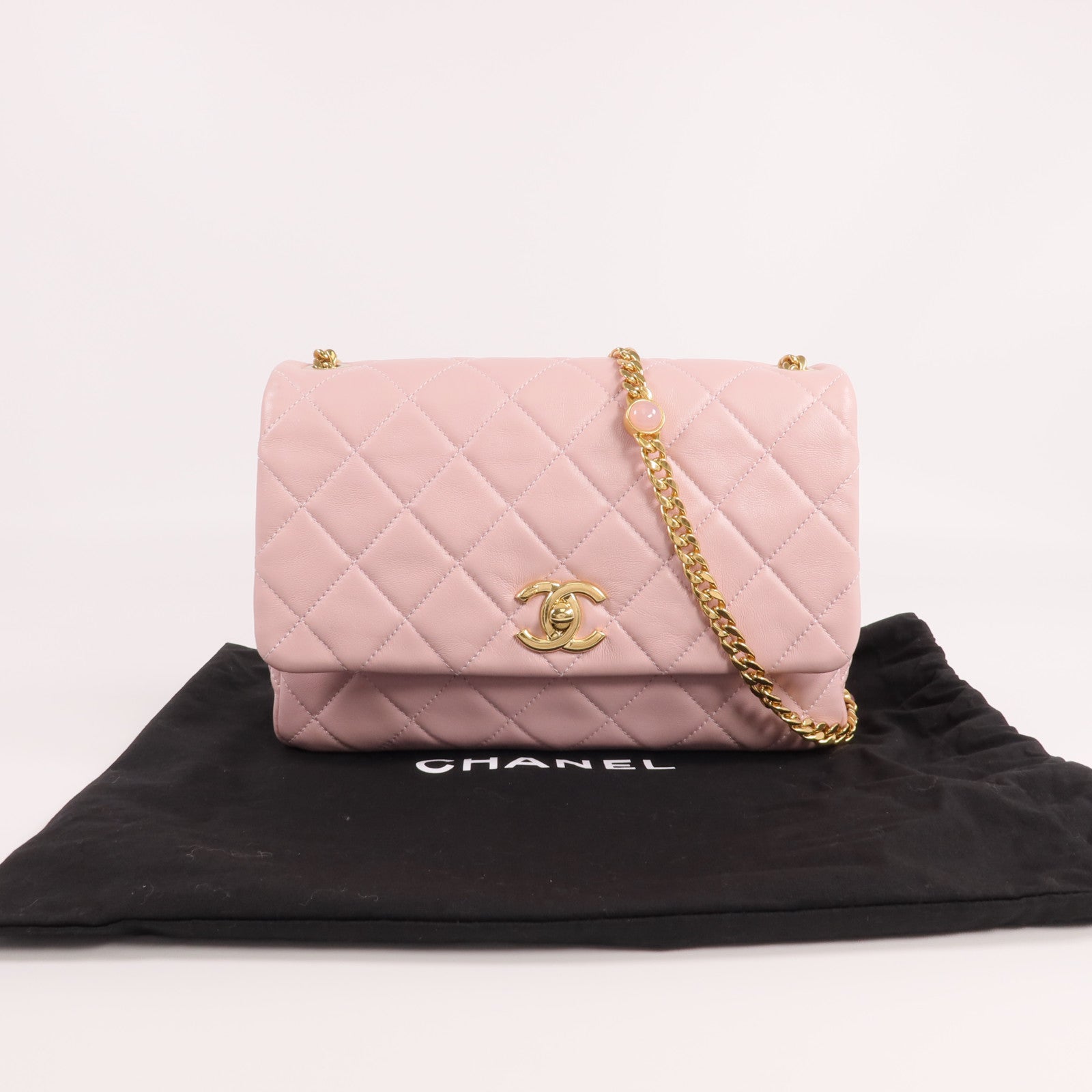 CHANEL 羊皮皮革Chain Shoulder金扣鏈帶肩背袋