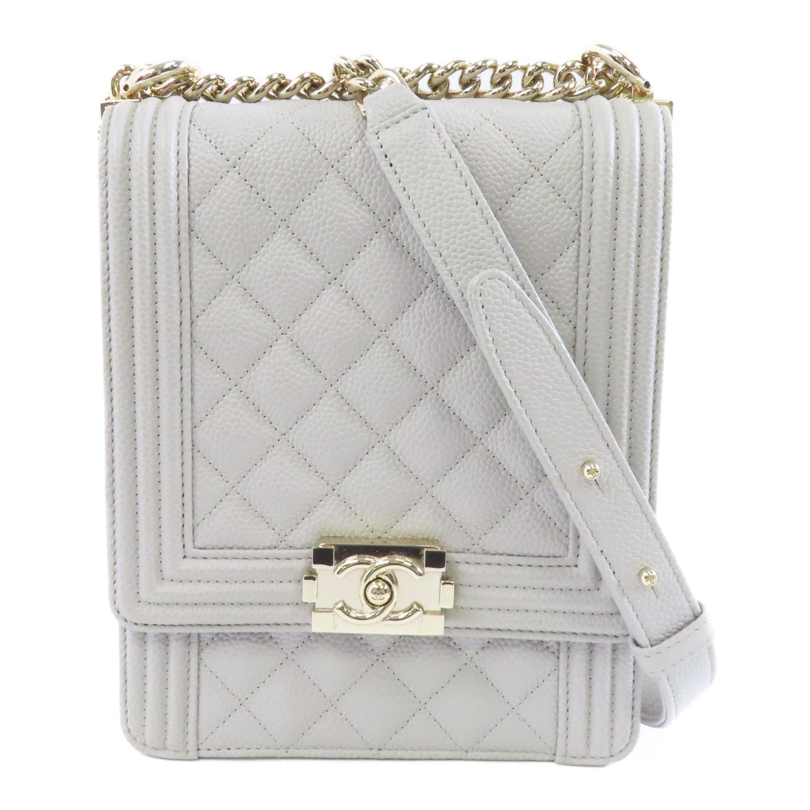 CHANEL 【激減優惠】菱格Caviar皮革Boy Chanel金扣鏈帶肩背袋灰色