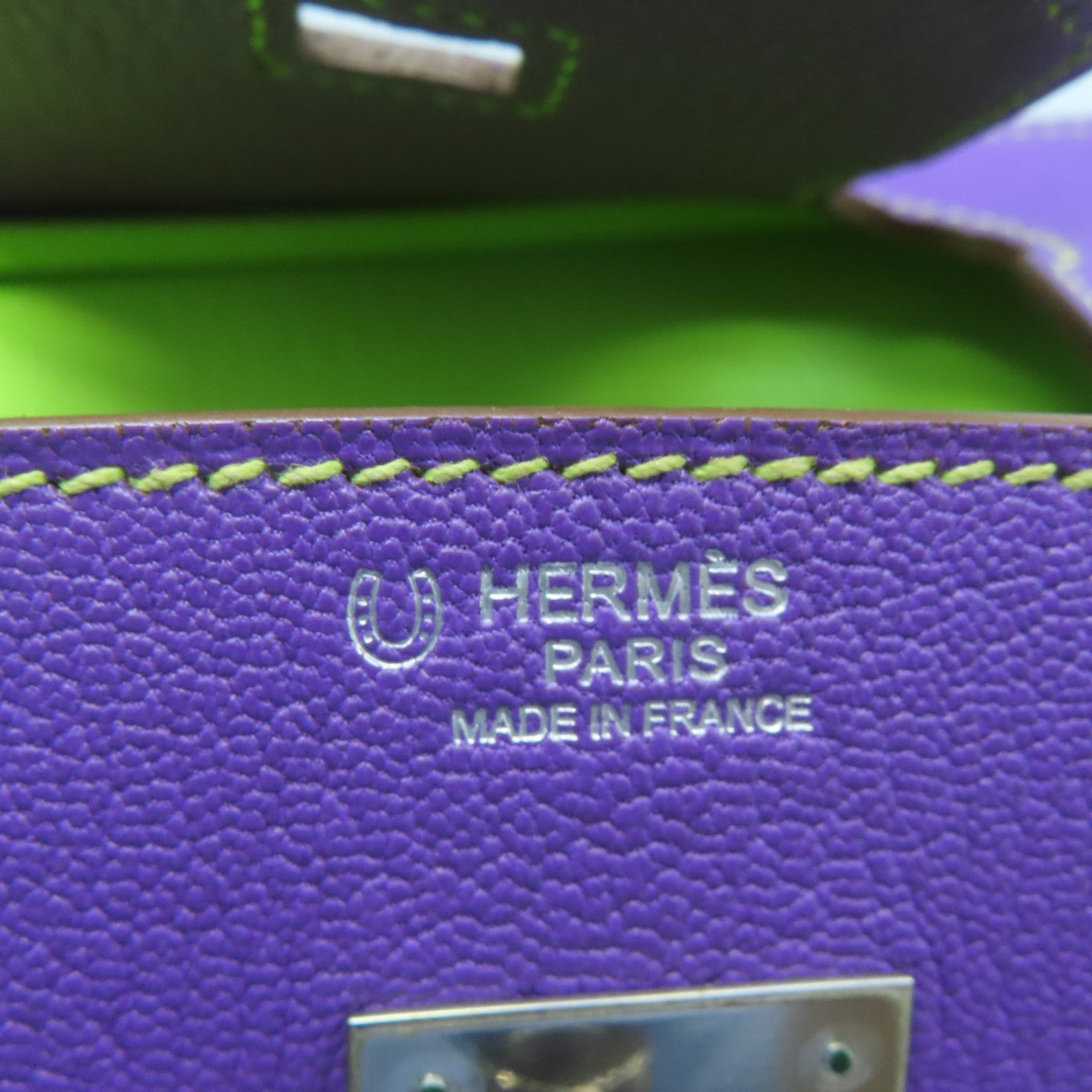 HERMES Mysore Goat Leather Birkin 30 Silver Buckle Handle Purple/Neo Green