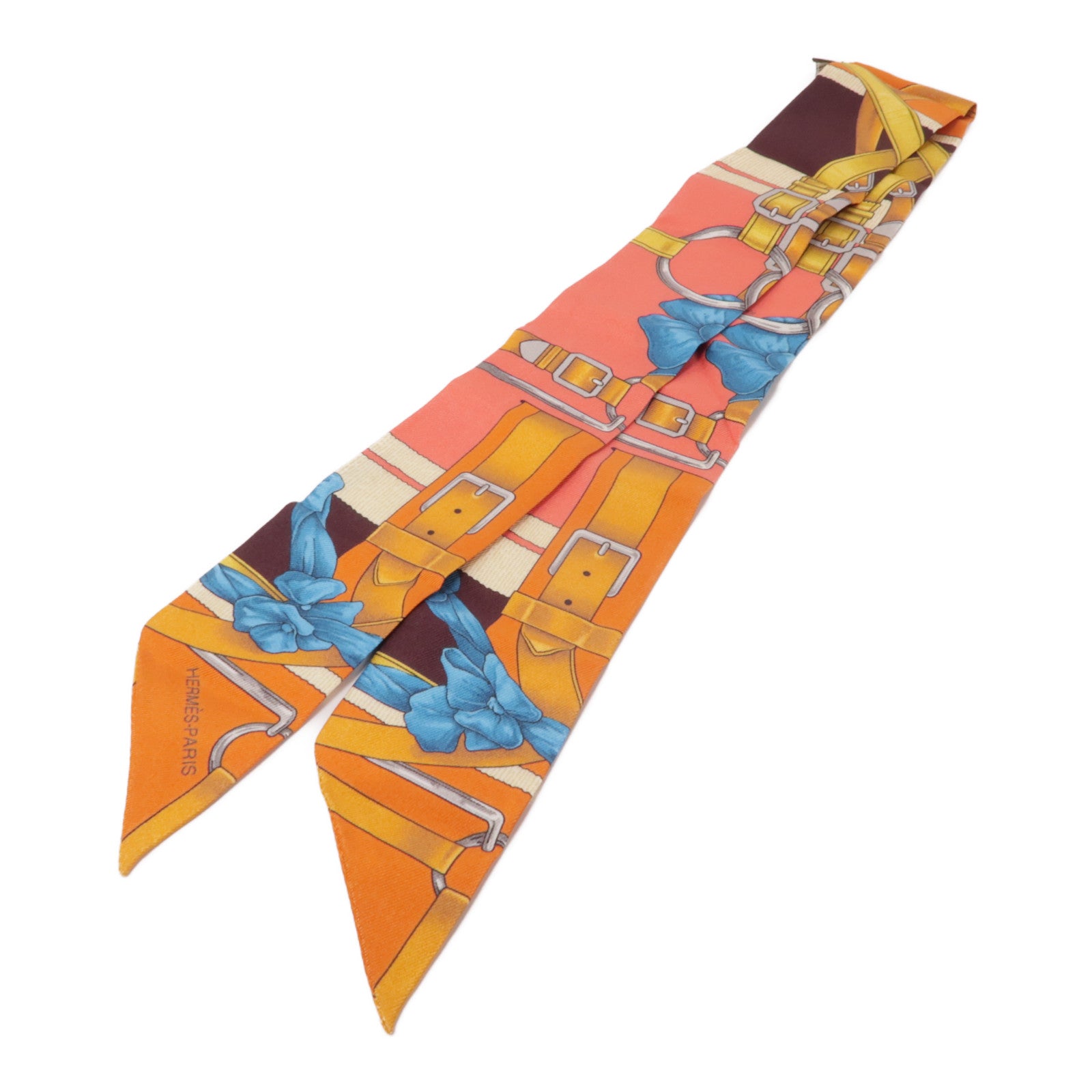 HERMES 絲質Twilly絲巾粉紅色/橙色