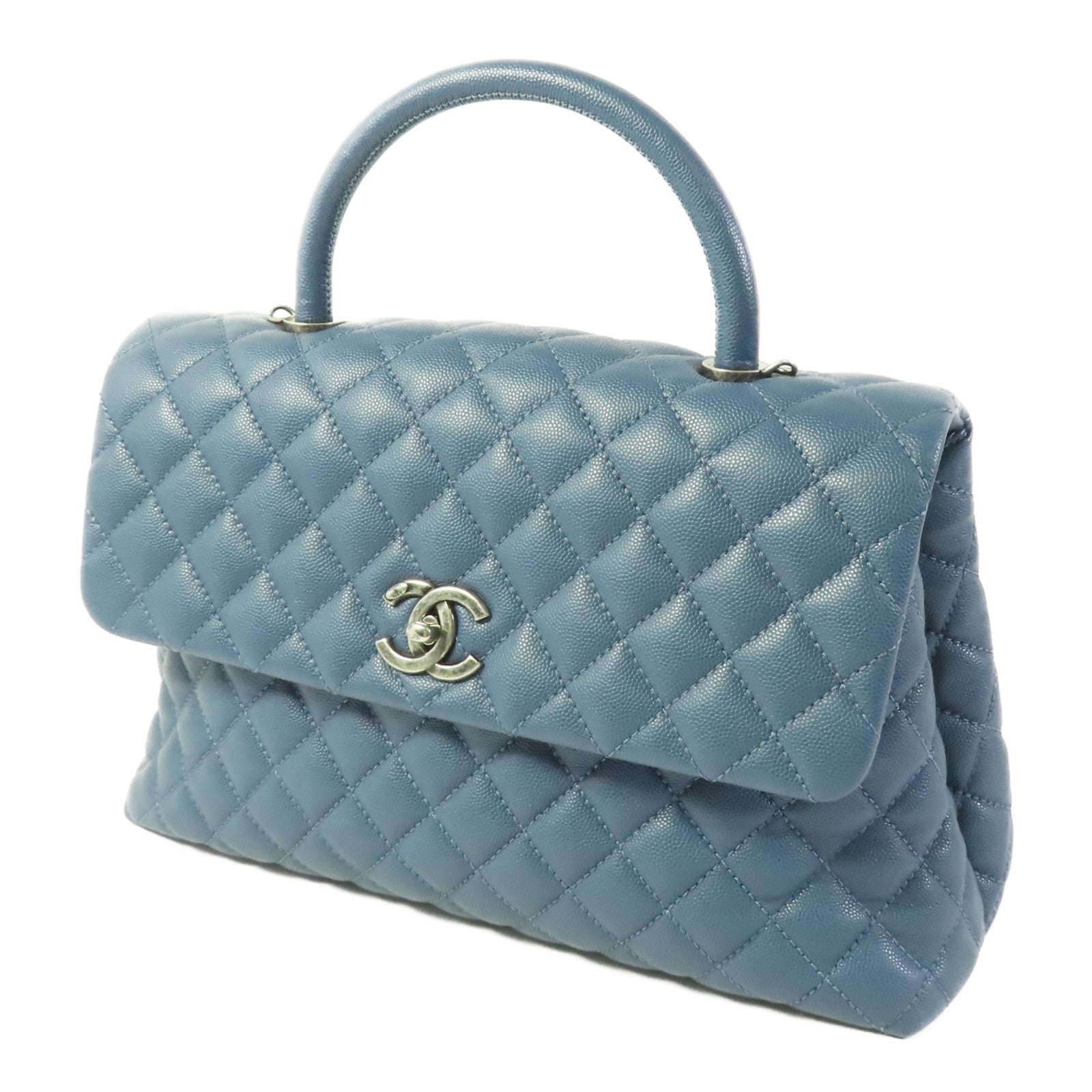 CHANEL CC Coco Handle Medium Chain 2 Way Bag A92990 Calfskin Leather Blue