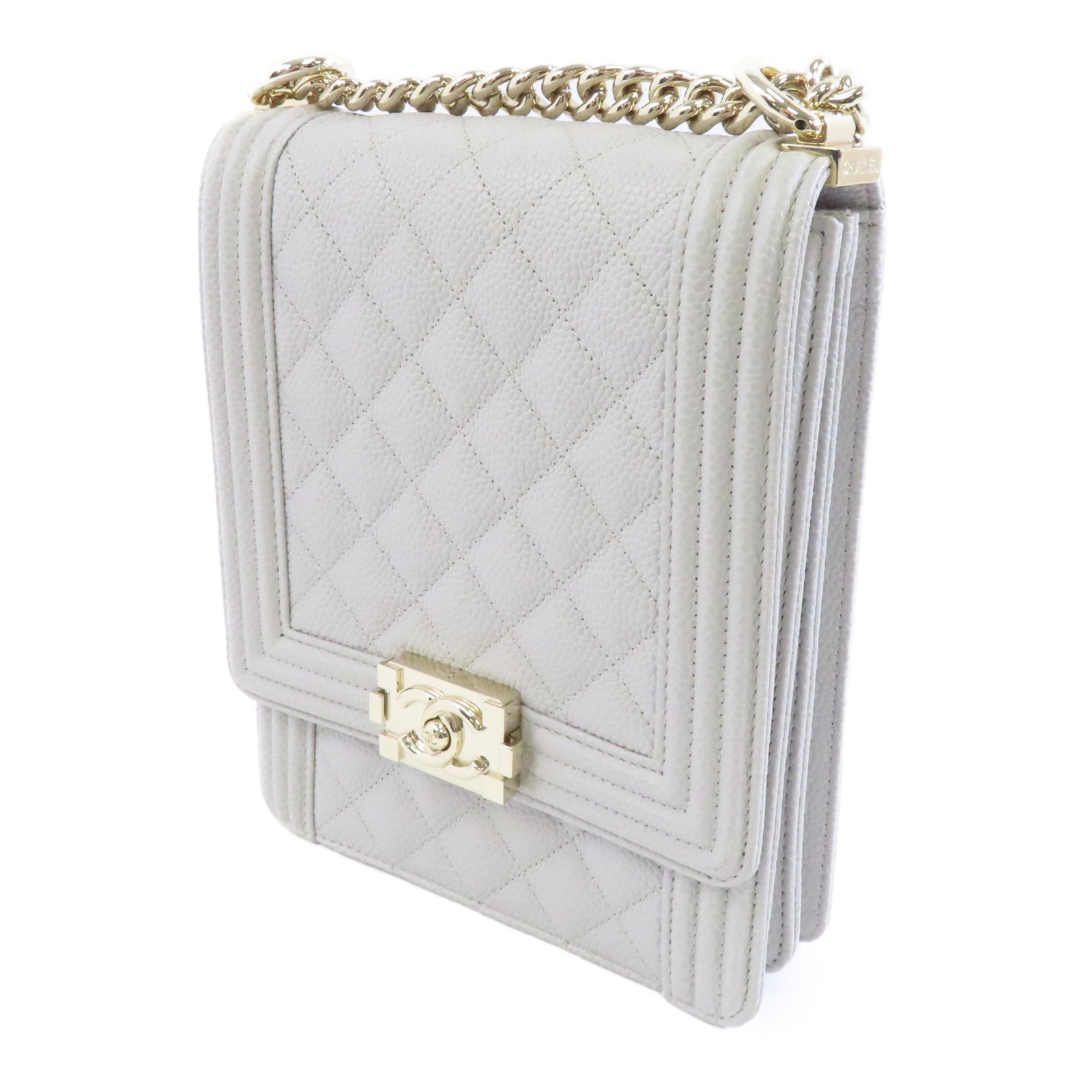CHANEL 【激減優惠】菱格Caviar皮革Boy Chanel金扣鏈帶肩背袋灰色
