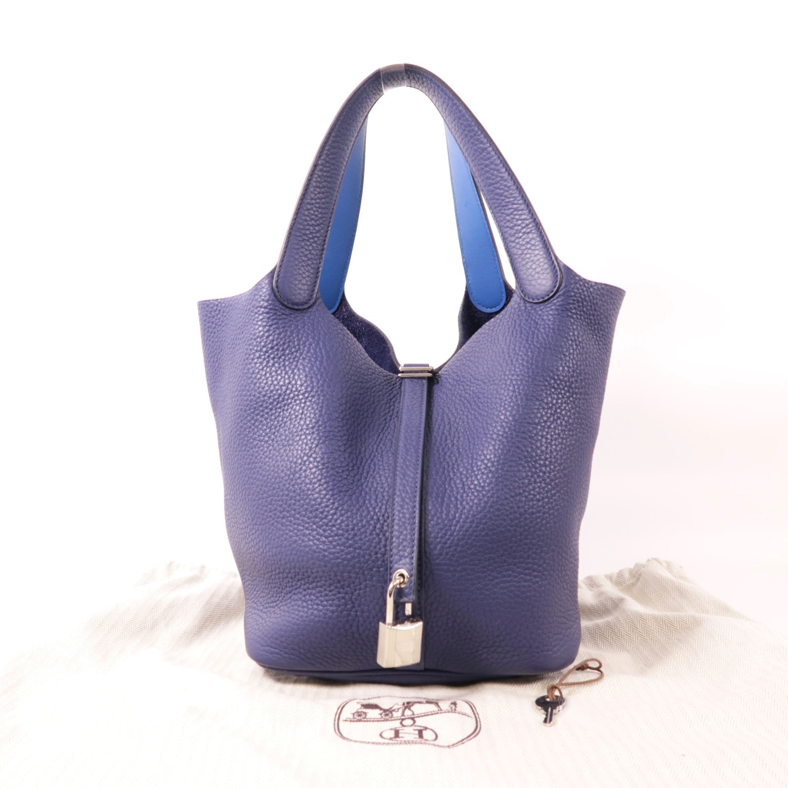 HERMES Clemence皮革Picotin Lock Eclat MM銀扣手挽袋Bleu Encre藍色