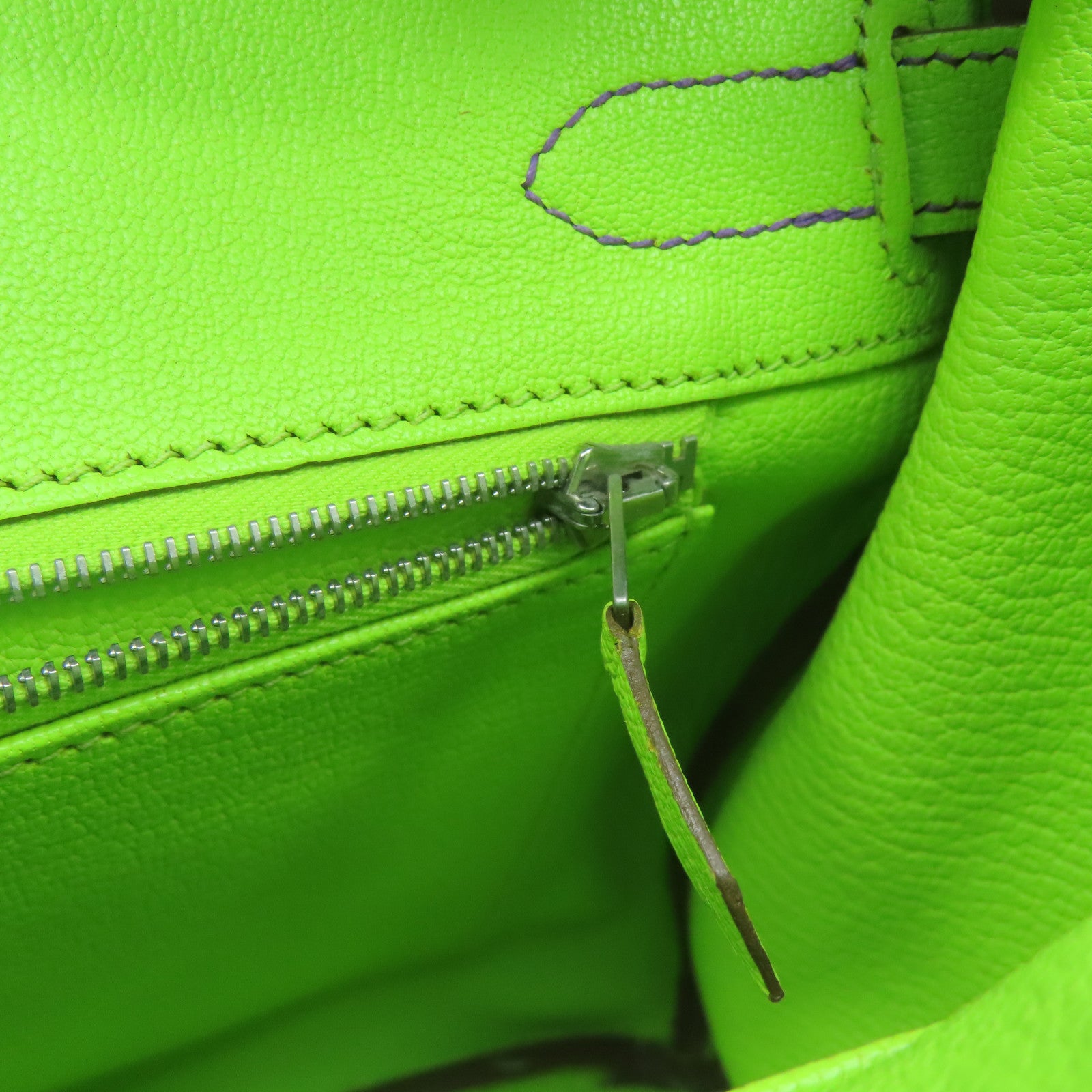 HERMES Mysore Goat Leather Birkin 30 Silver Buckle Handle Purple/Neo Green