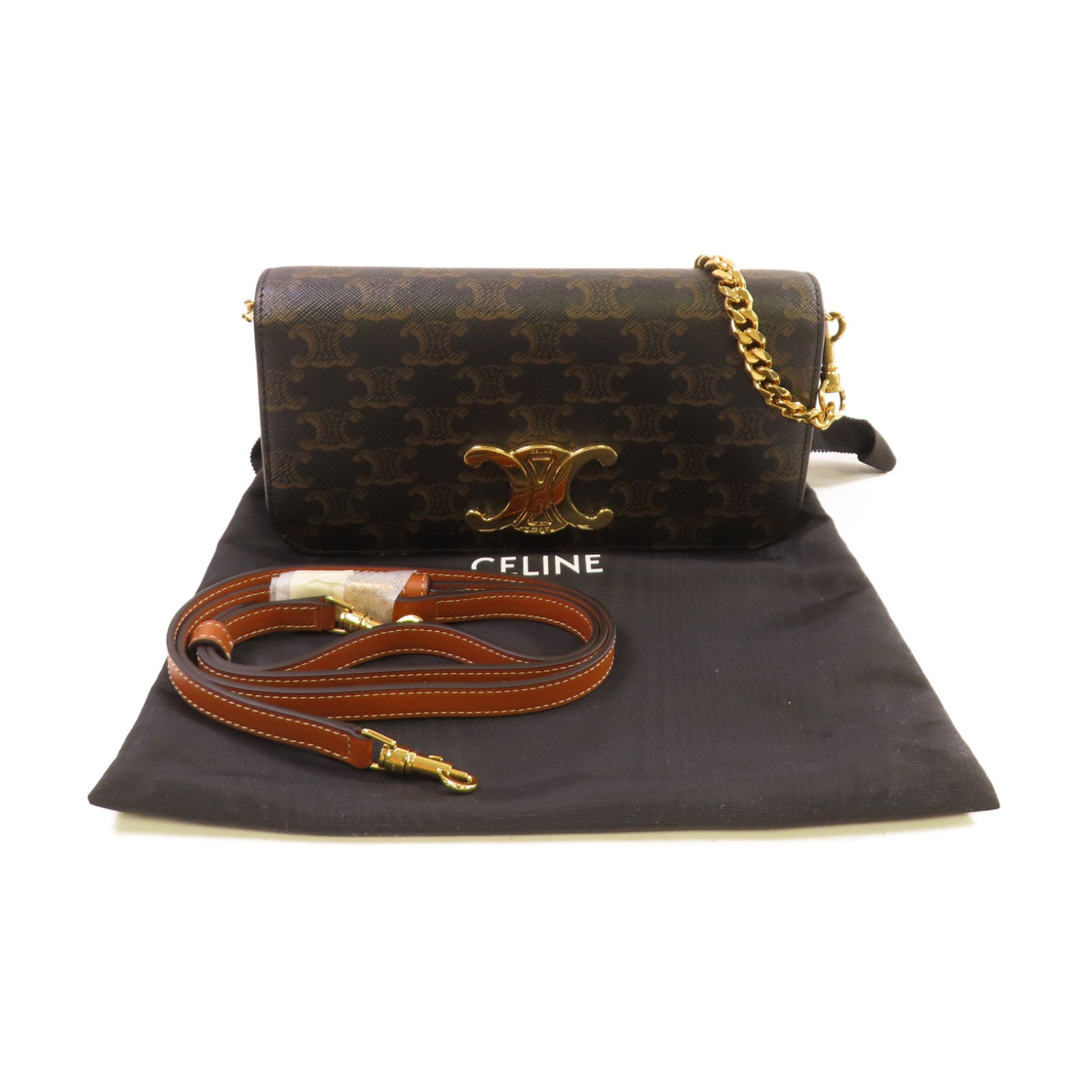 CELINE Triomphe帆布Mulipochette 2Way Shoulder Bag金扣手挽肩背兩用袋啡色