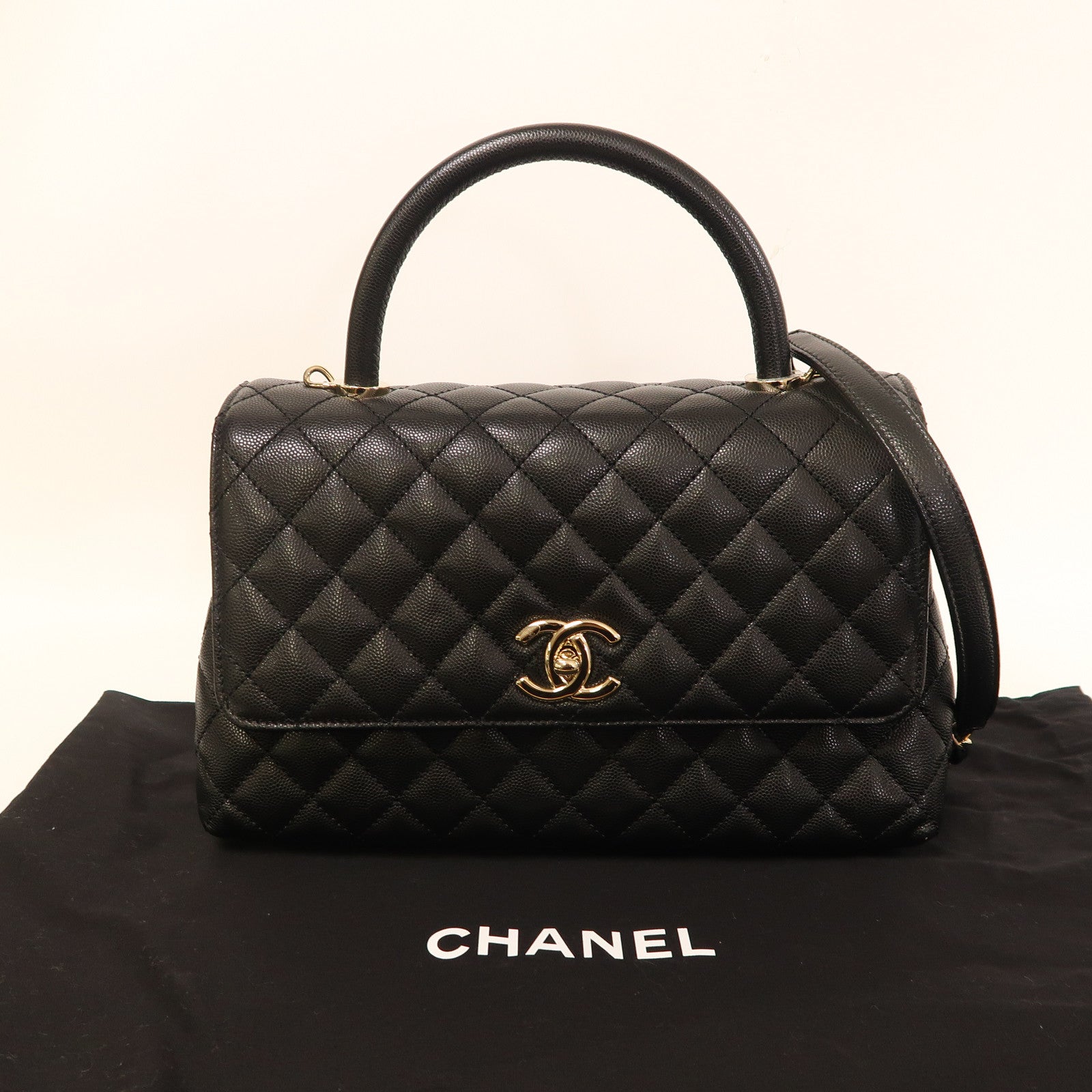 CHANEL 菱格Caviar皮革CoCo Handle金扣手挽肩背兩用袋黑色
