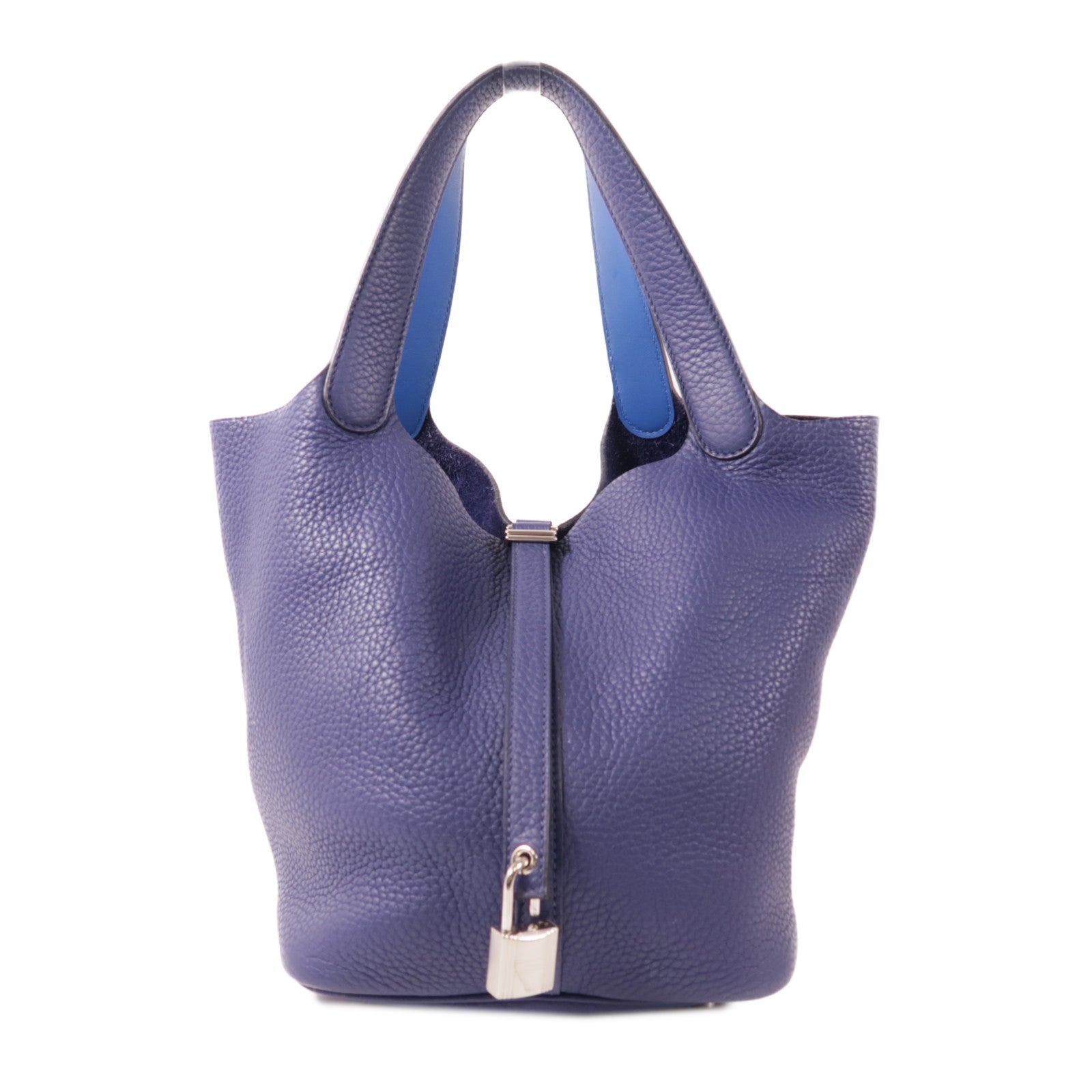 HERMES Clemence皮革Picotin Lock Eclat MM銀扣手挽袋Bleu Encre藍色