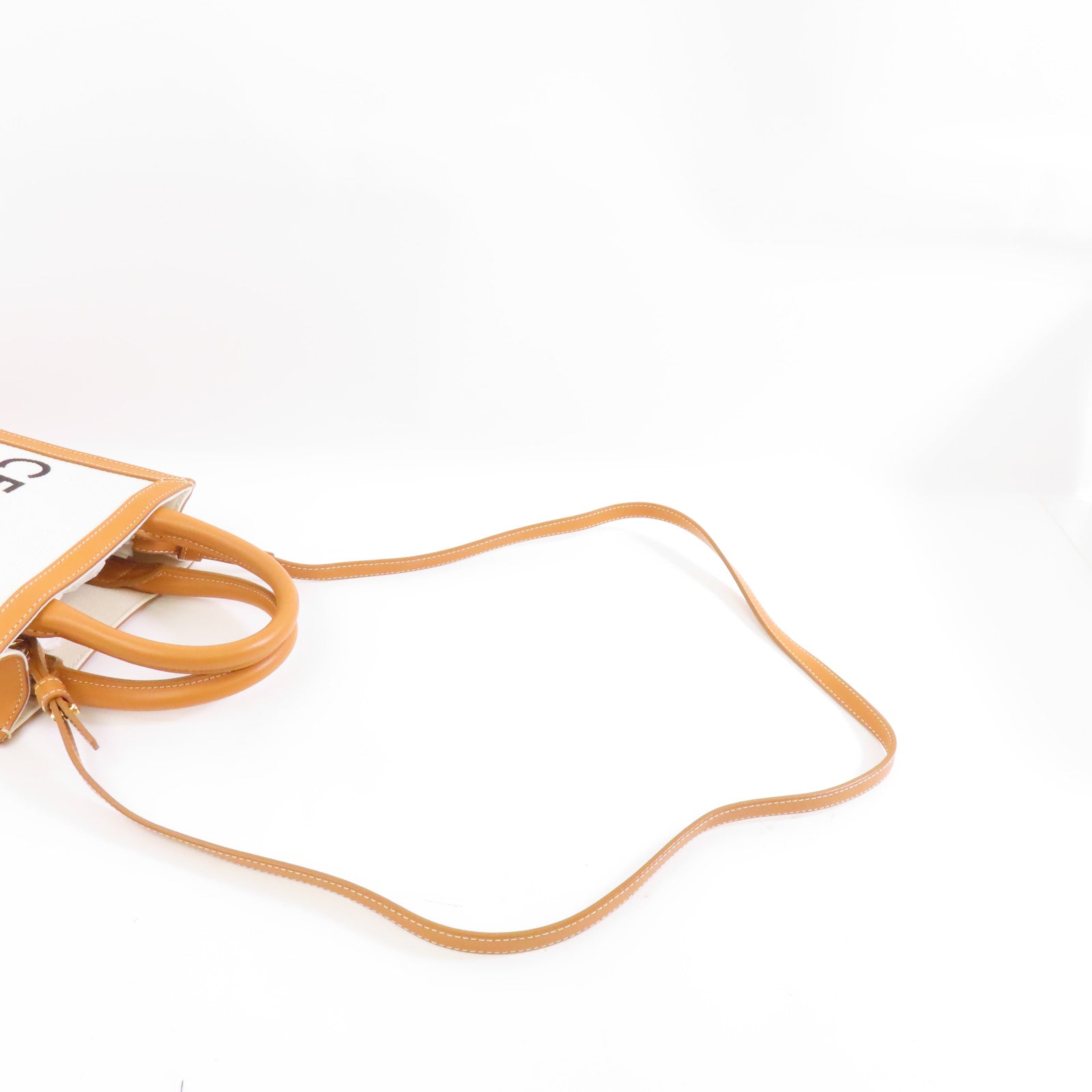 CELINE 帆布/皮革Mini Vertical Cabas金扣手挽肩背兩用袋白色/啡色